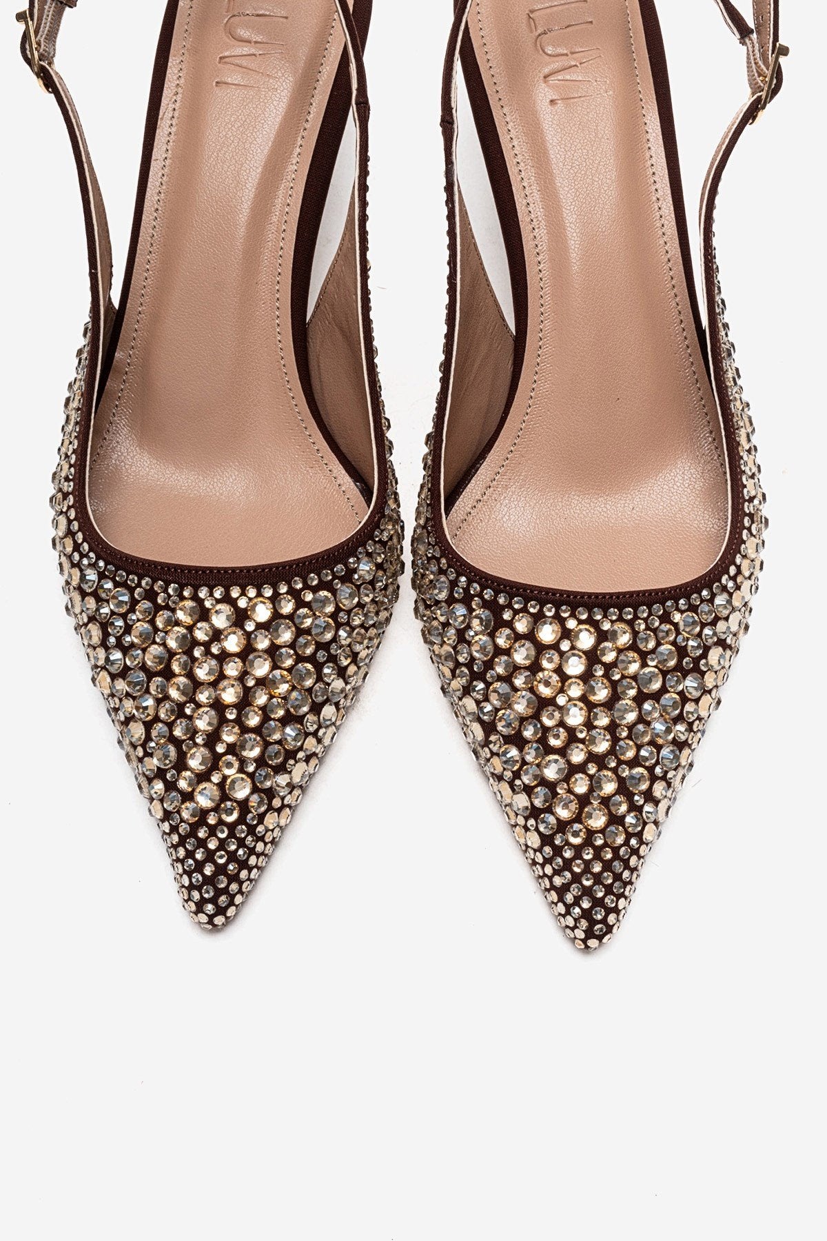 THEA - Brown Gold-Embellished Stiletto Pump – side view showing leather, gold, SimmiUnique