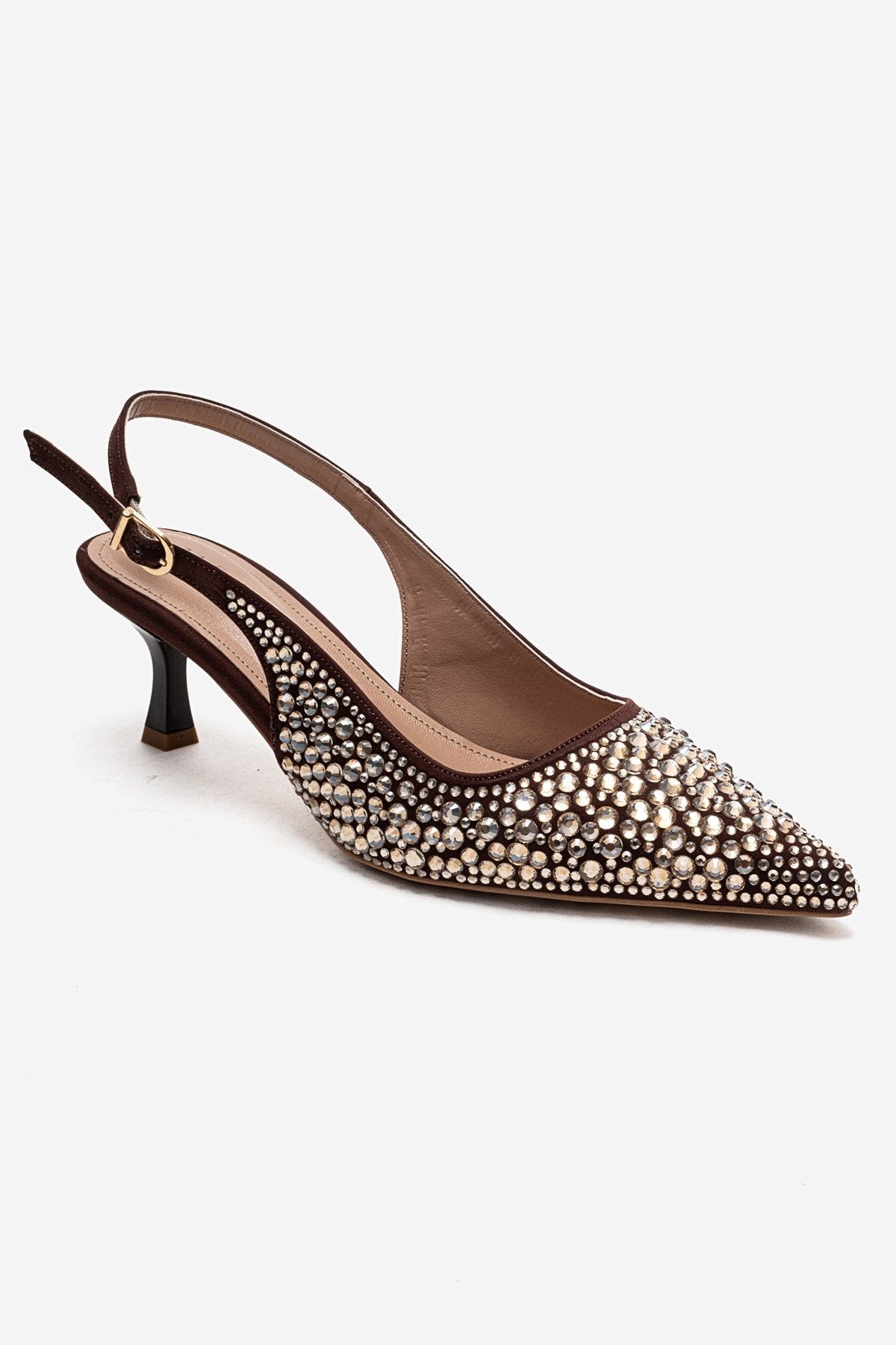 THEA - Brown Gold-Embellished Stiletto Pump – detail view showing leather, gold, SimmiUnique