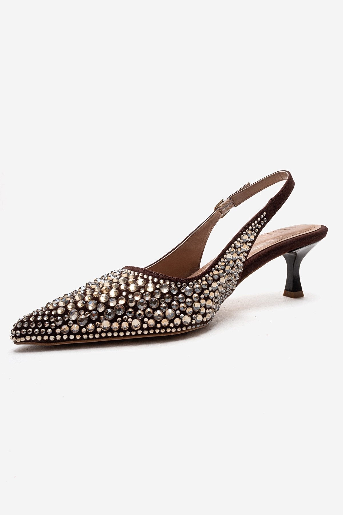 THEA - Brown Gold-Embellished Stiletto Pump – top view showing leather, gold, SimmiUnique