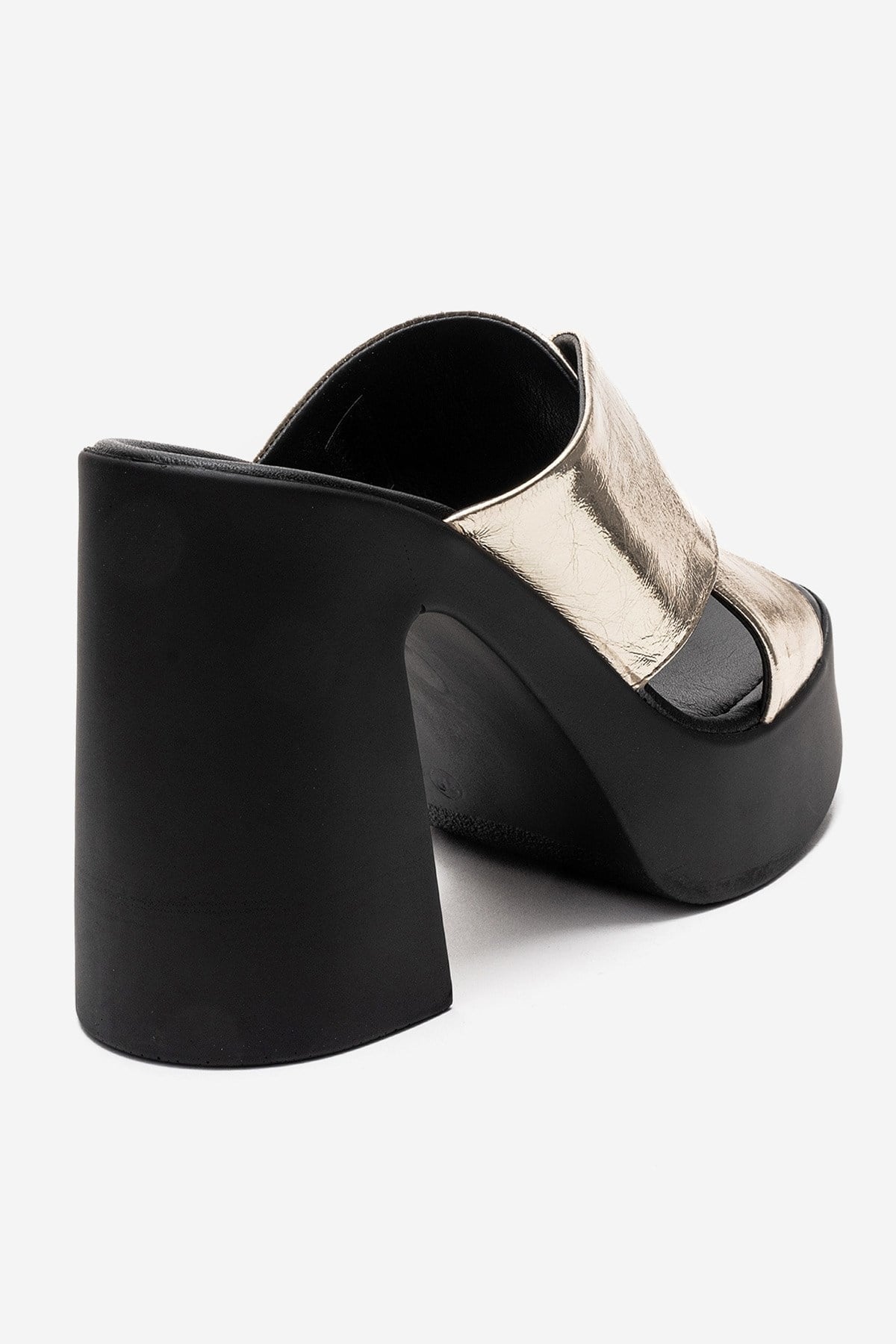 Essenza - Gold Genuine Leather Platform Block Heel Mule – back view showing leather, metallic, gold, SimmiUnique