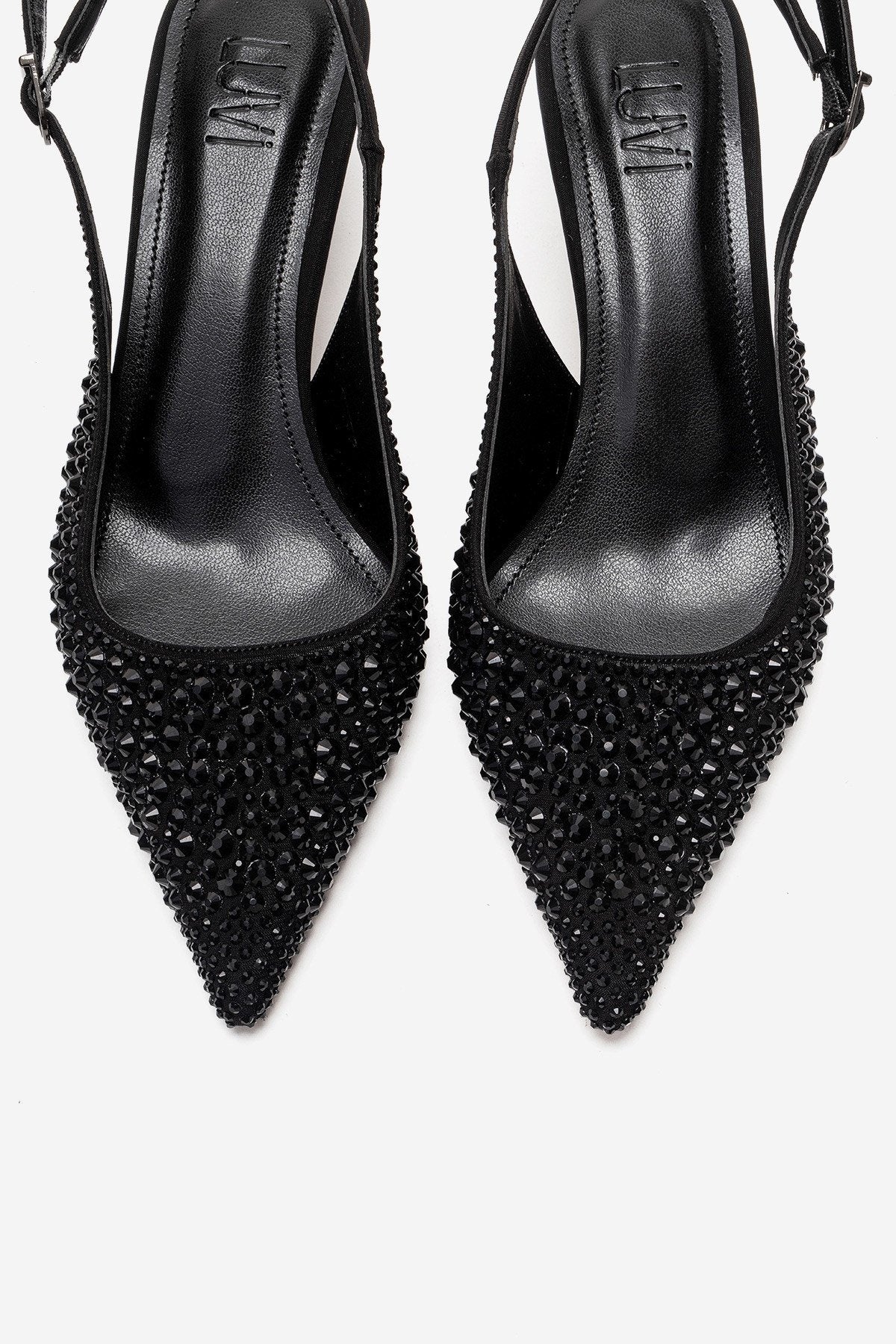 THEA - Black Jeweled Kitten Heel Pump – side view showing leather, black, SimmiUnique