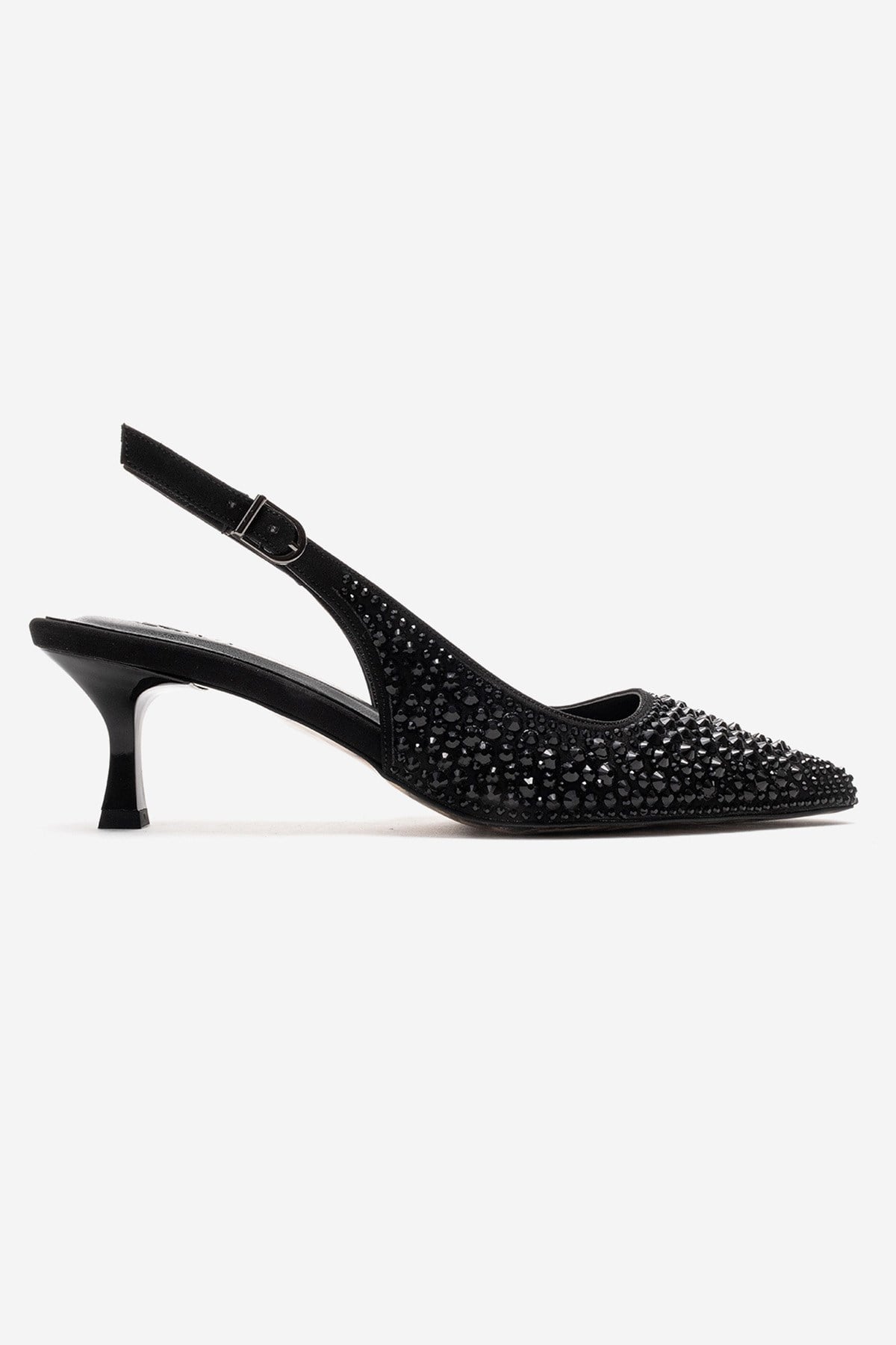 THEA - Black Jeweled Kitten Heel Pump – heel view showing leather, black, SimmiUnique