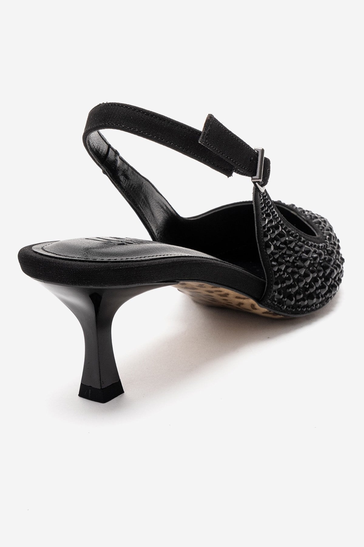 THEA - Black Jeweled Kitten Heel Pump – back view showing leather, black, SimmiUnique