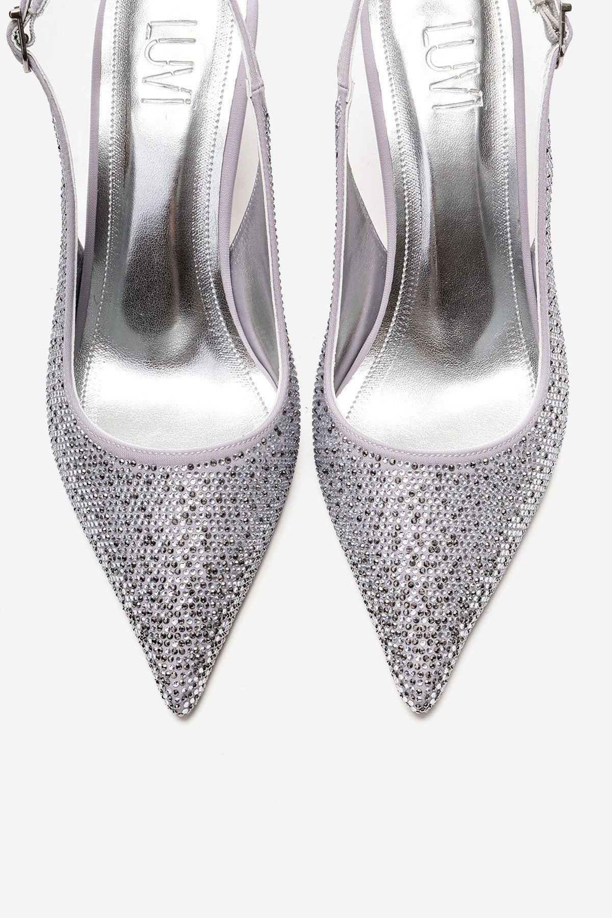 JOHANNA - Silver Jeweled Slingback Stiletto Pump – side view showing leather, silver, SimmiUnique