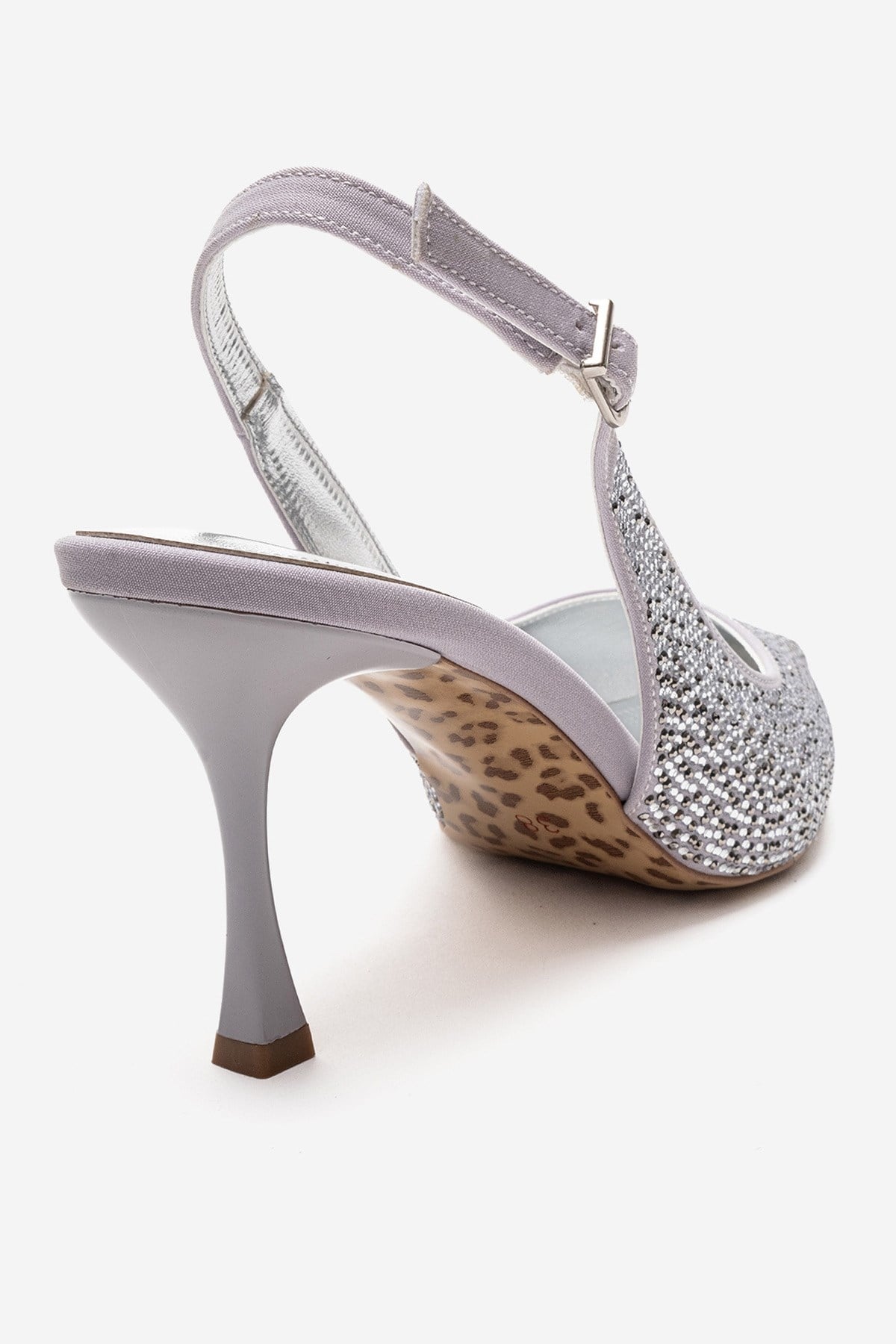 JOHANNA - Silver Jeweled Slingback Stiletto Pump – back view showing leather, silver, SimmiUnique