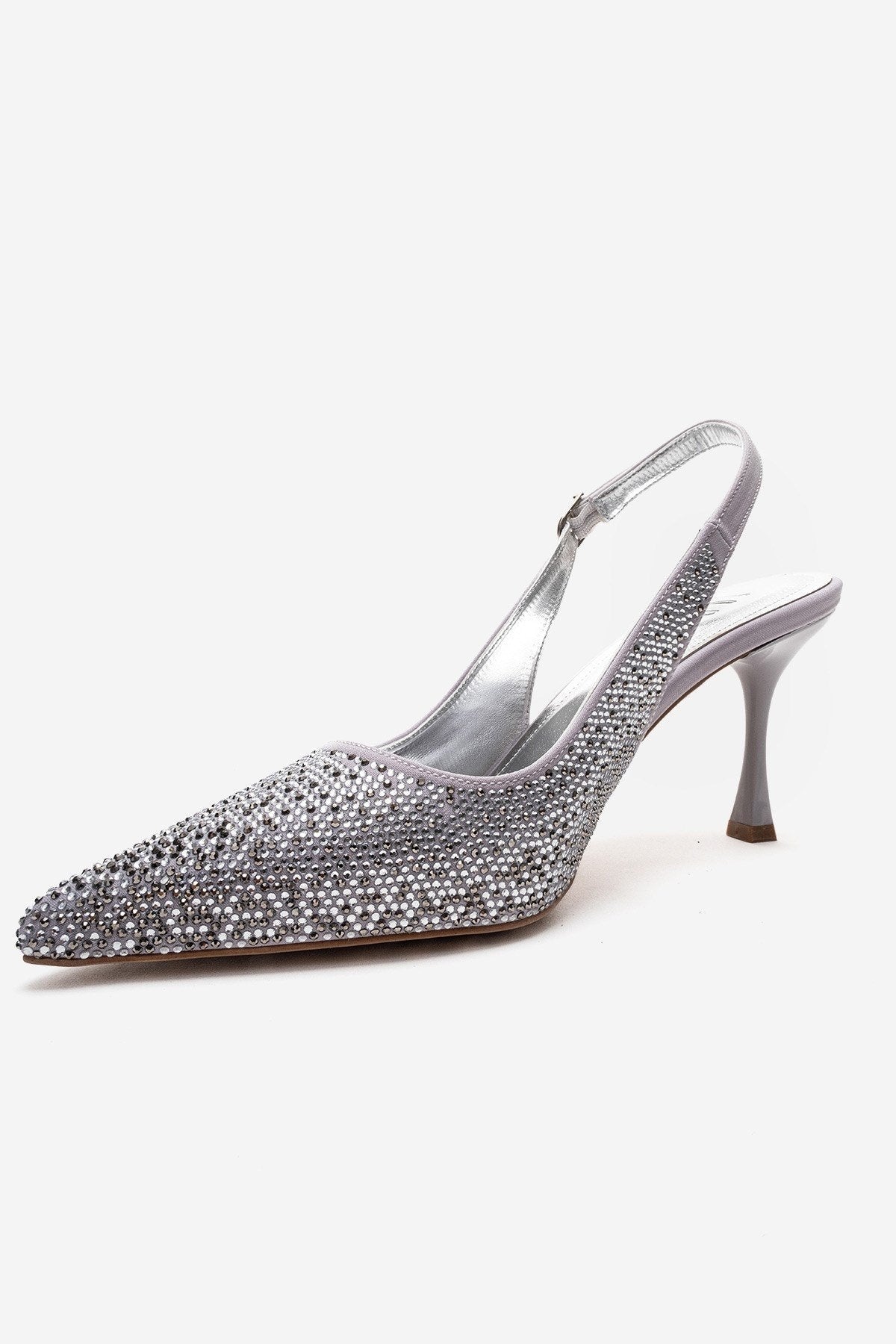 JOHANNA - Silver Jeweled Slingback Stiletto Pump – top view showing leather, silver, SimmiUnique