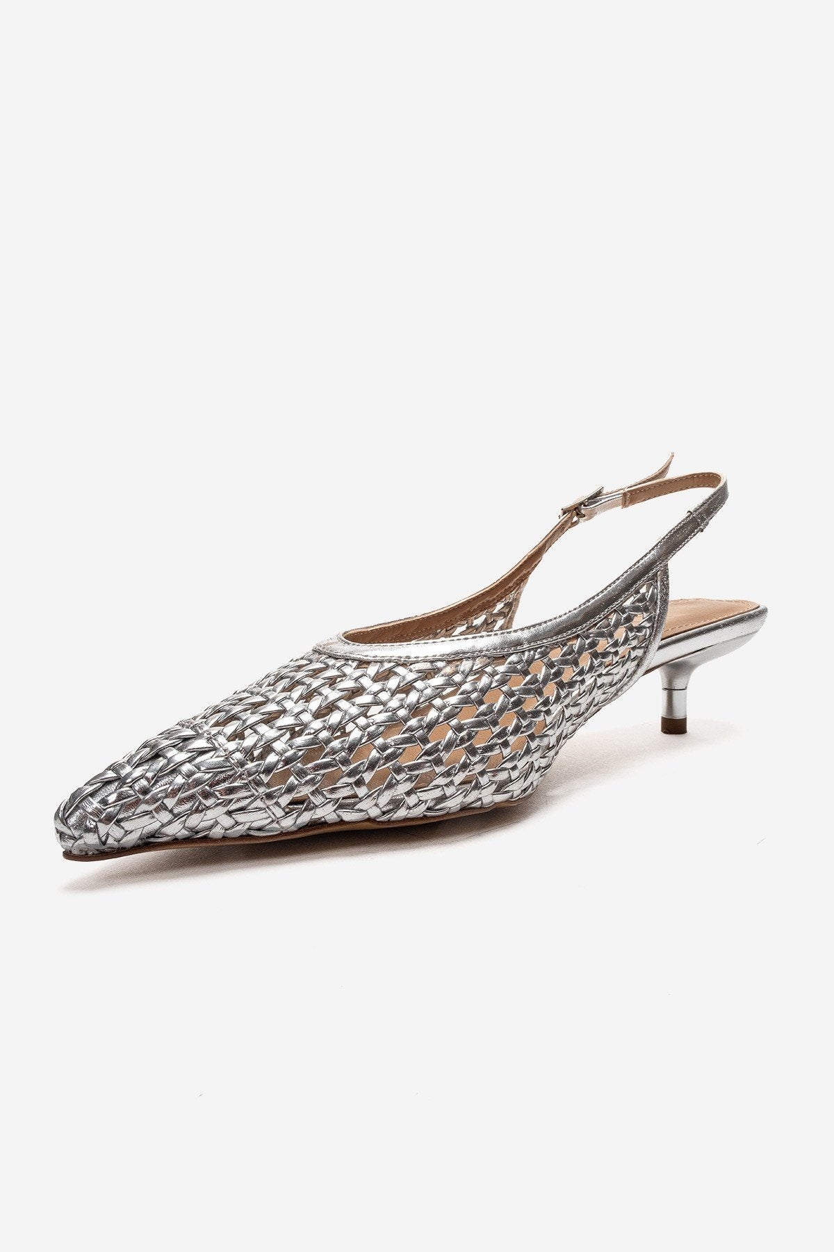 Orelis - Genuine Leather Silver Kitten Heel – top view showing leather, silver, SimmiUnique