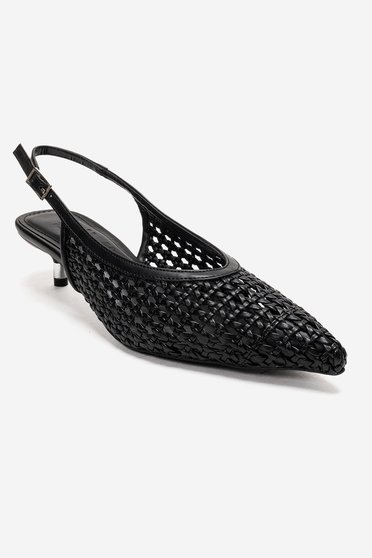 ORELIS - Black Woven Pattern Kitten Heel Shoe – detail view showing leather, black, red, SimmiUnique