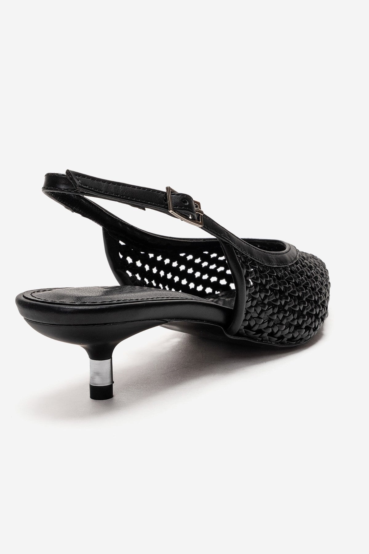 ORELIS - Black Woven Pattern Kitten Heel Shoe – back view showing leather, black, red, SimmiUnique