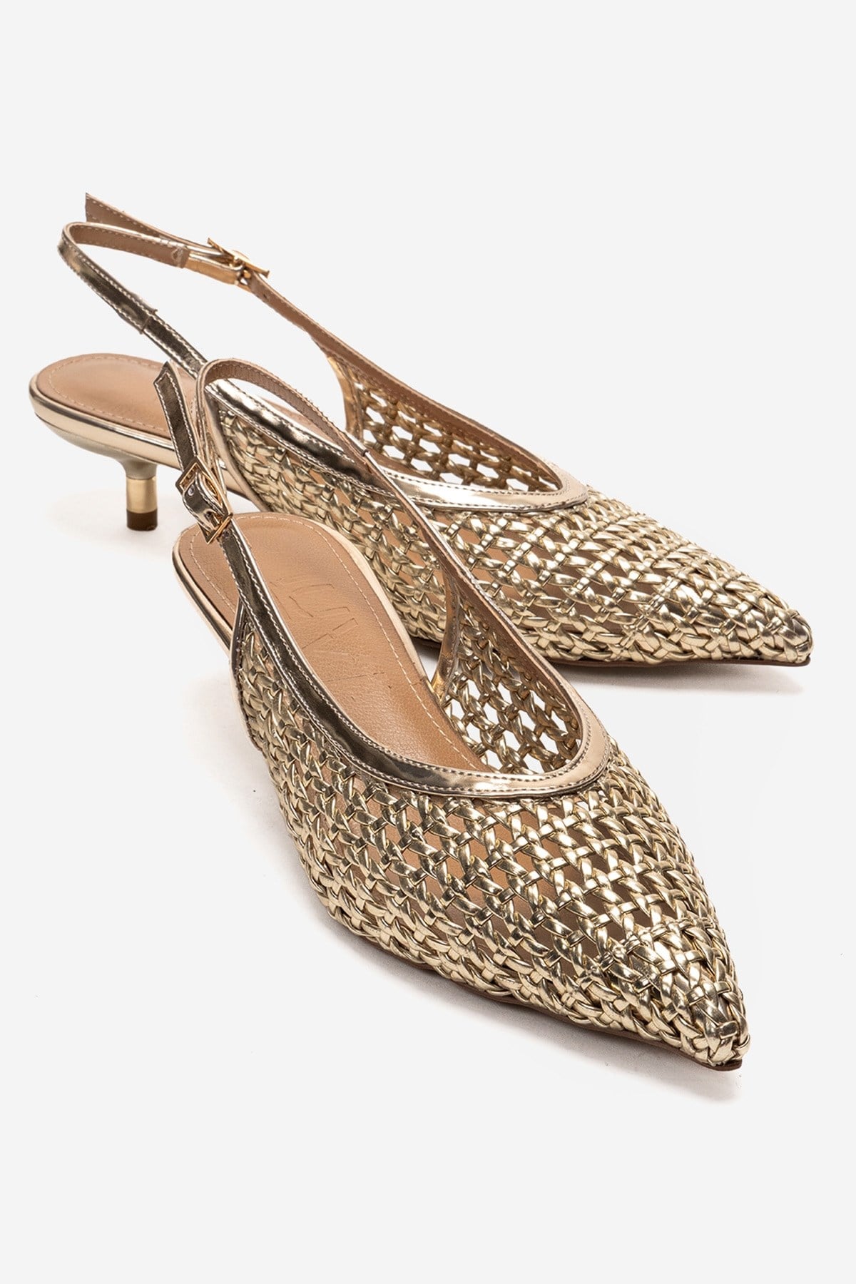 Orelis - Gold Kitten Heel Shoe – front three-quarter view showing leather, gold, SimmiUnique