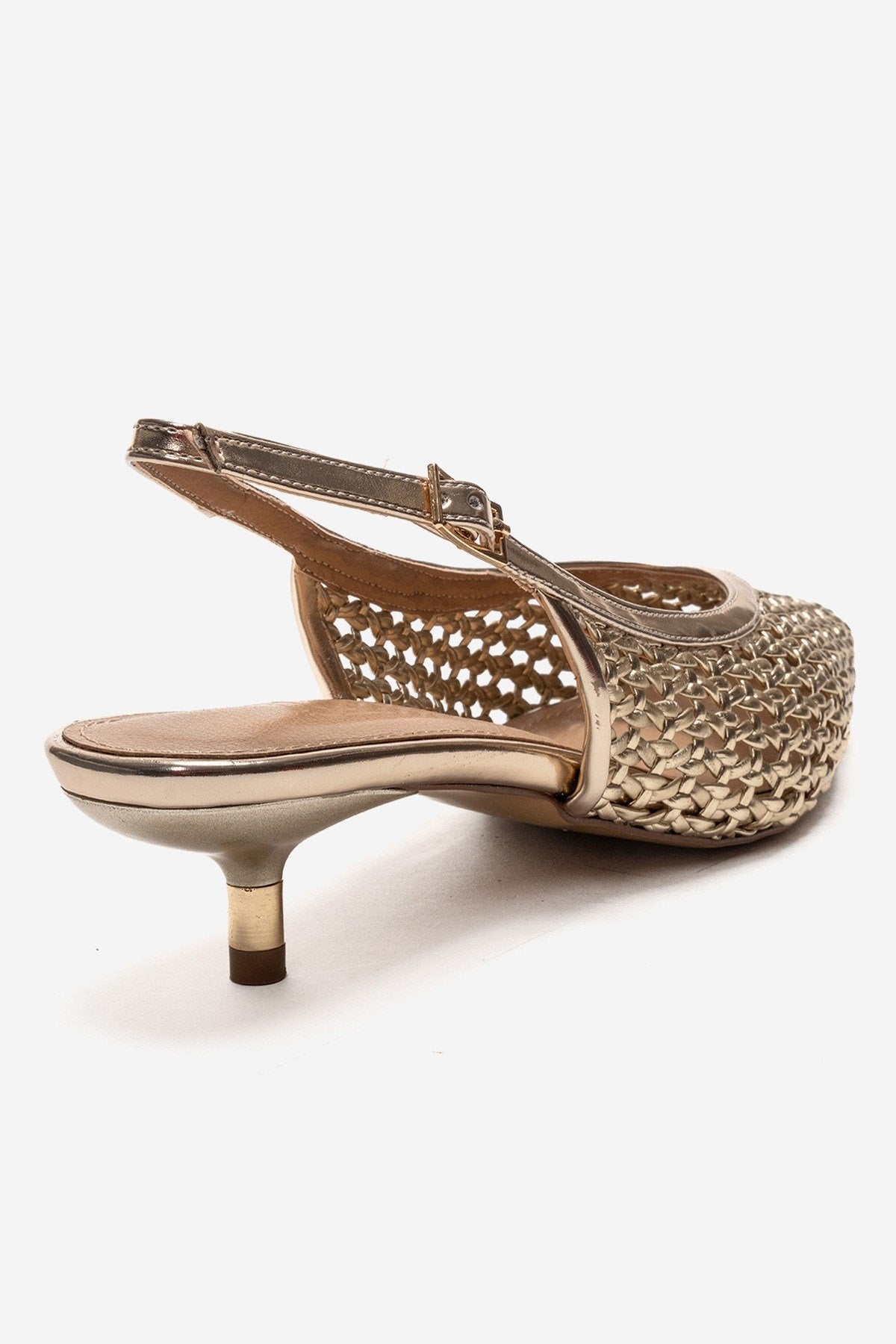 Orelis - Gold Kitten Heel Shoe – back view showing leather, gold, SimmiUnique