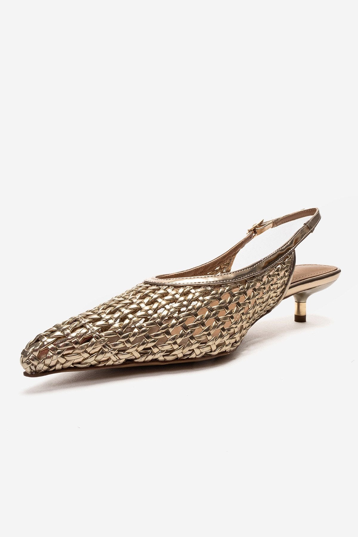 Orelis - Gold Kitten Heel Shoe – top view showing leather, gold, SimmiUnique