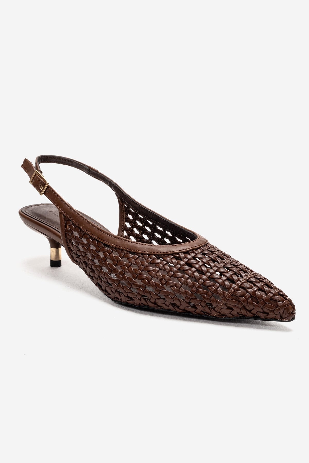 Orelis - Brown Kitten Heel – detail view showing leather, red, SimmiUnique
