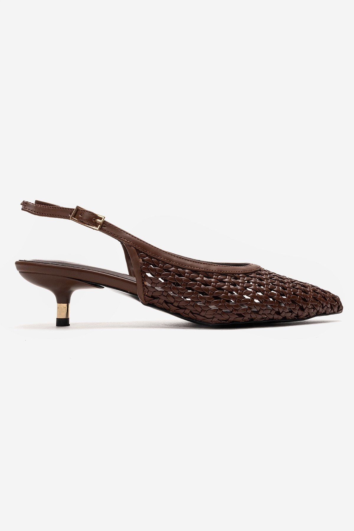 Orelis - Brown Kitten Heel – heel view showing leather, red, SimmiUnique