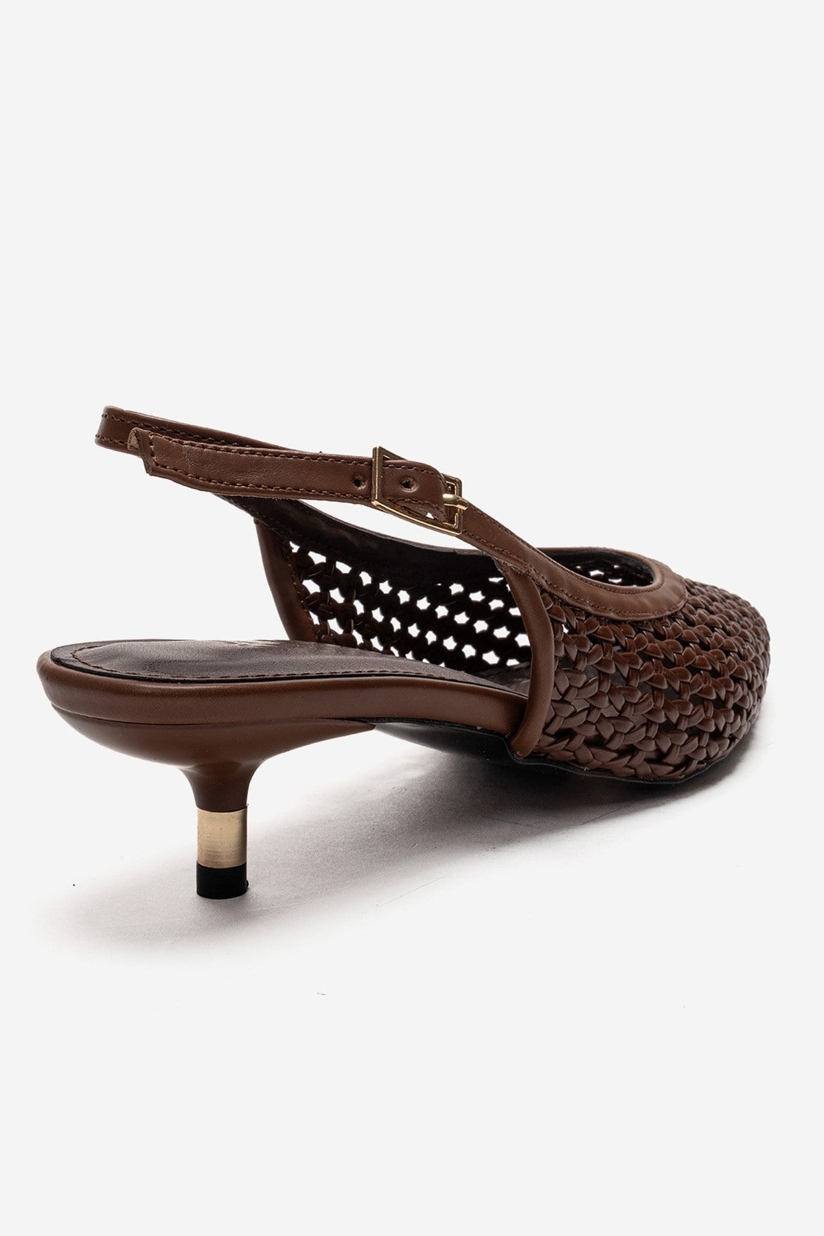 Orelis - Brown Kitten Heel – back view showing leather, red, SimmiUnique