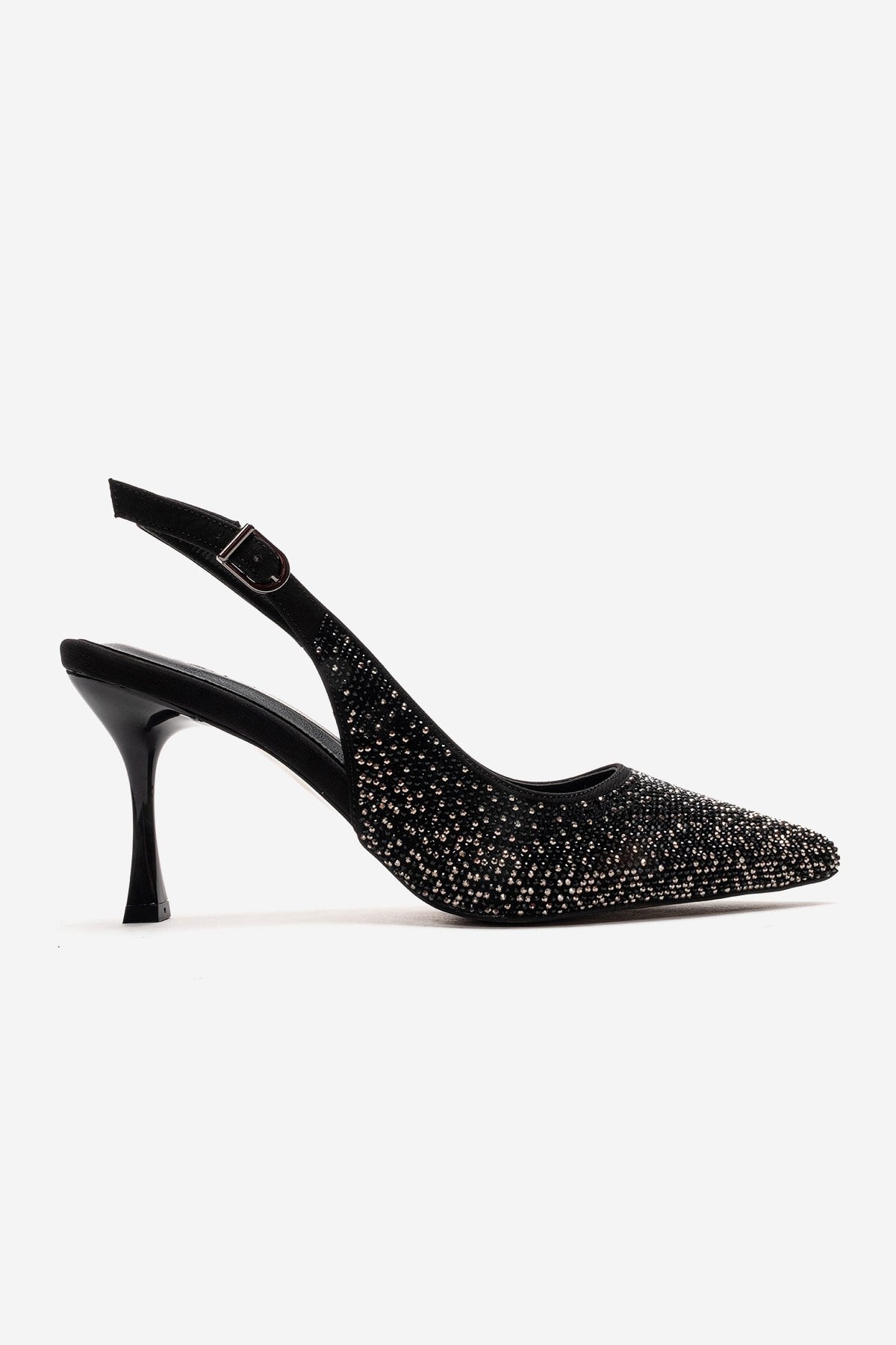 Johanna - Black Stiletto Pump – heel view showing crystal, leather, black, SimmiUnique
