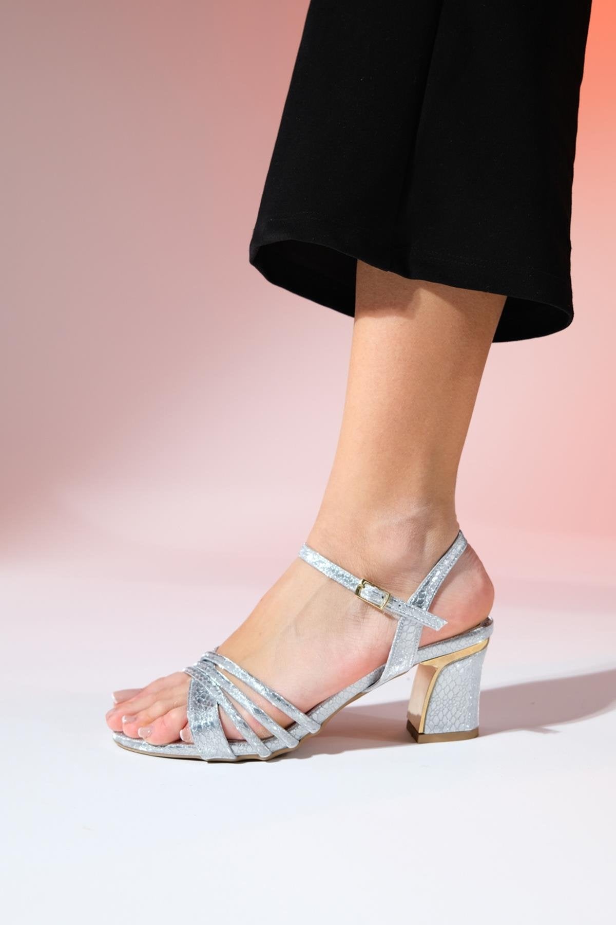 Lota - Silver Patterned Block Heel Dress Shoe – heel view showing leather, metallic, silver, SimmiUnique