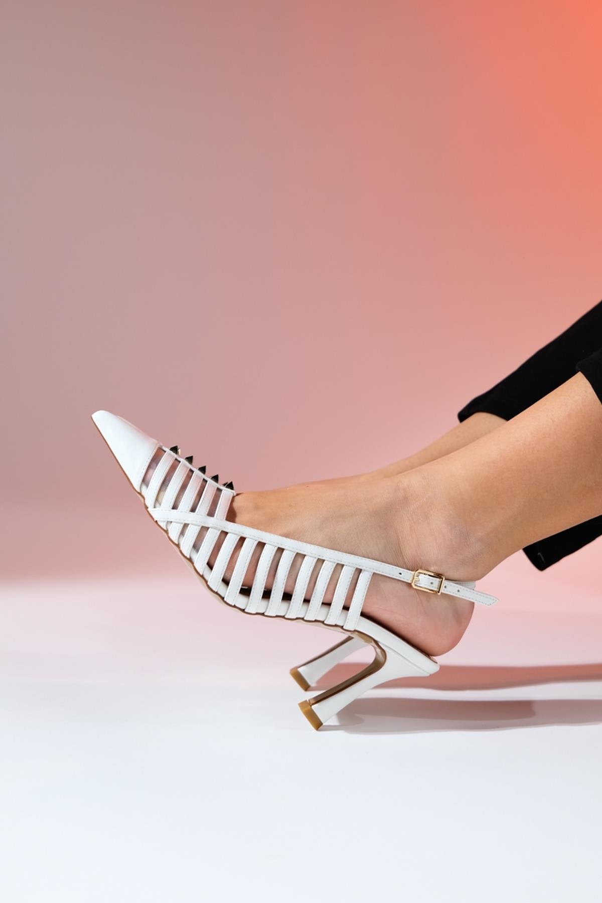 Rennes - White Pointed Toe Strappy Stiletto – heel view showing leather, white, SimmiUnique