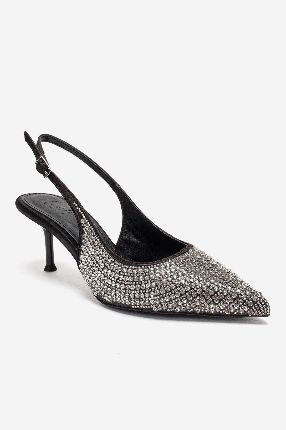 YASMINA - Black Stiletto Pump – detail view showing leather, black, SimmiUnique