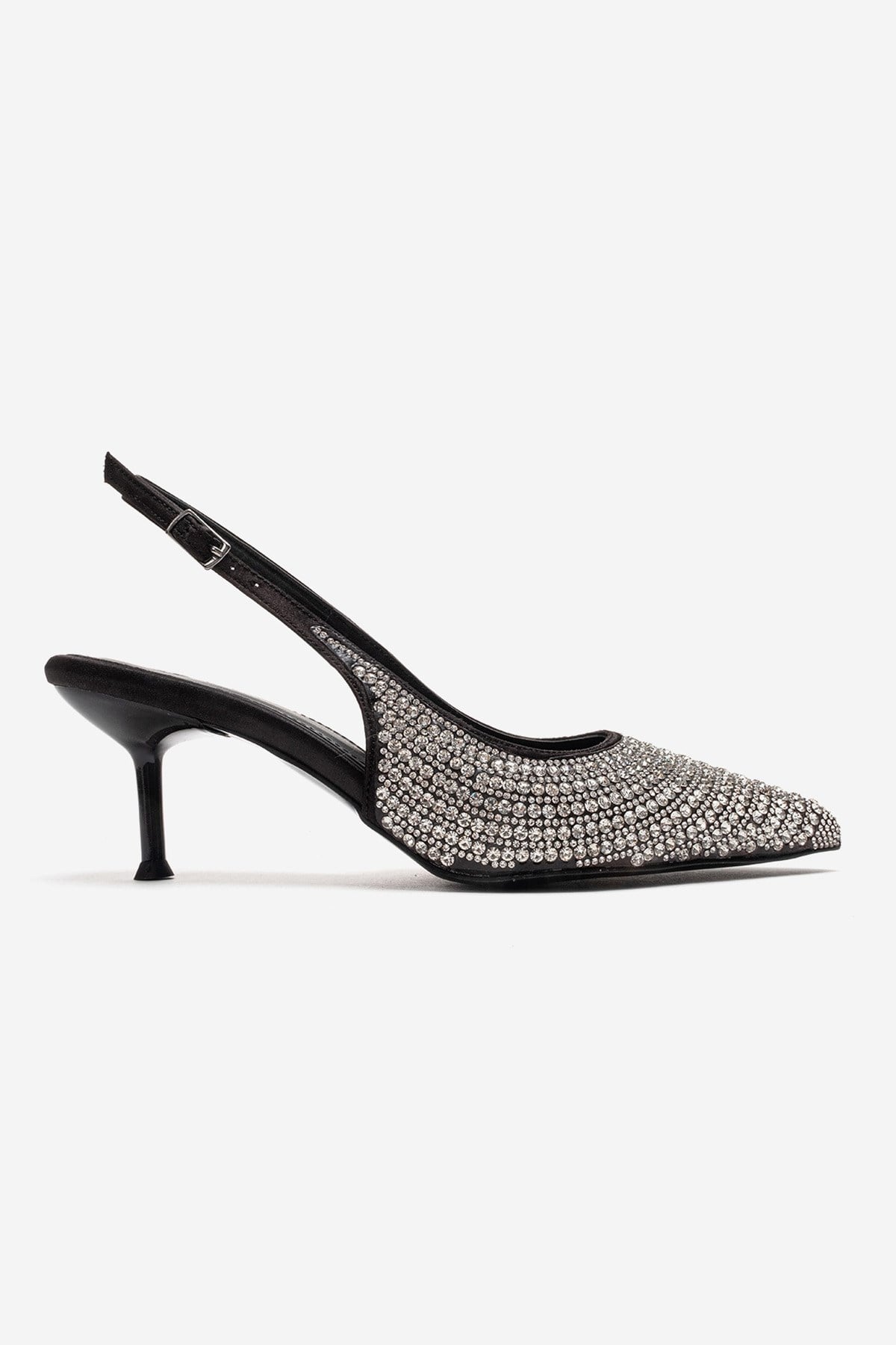 YASMINA - Black Stiletto Pump – heel view showing leather, black, SimmiUnique