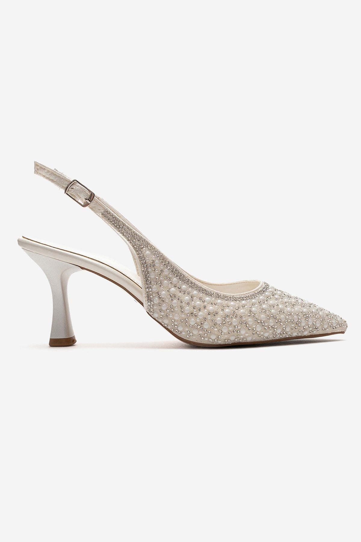 LINNEA - Off-White Stiletto Pump – heel view showing pearl, crystal, leather, SimmiUnique