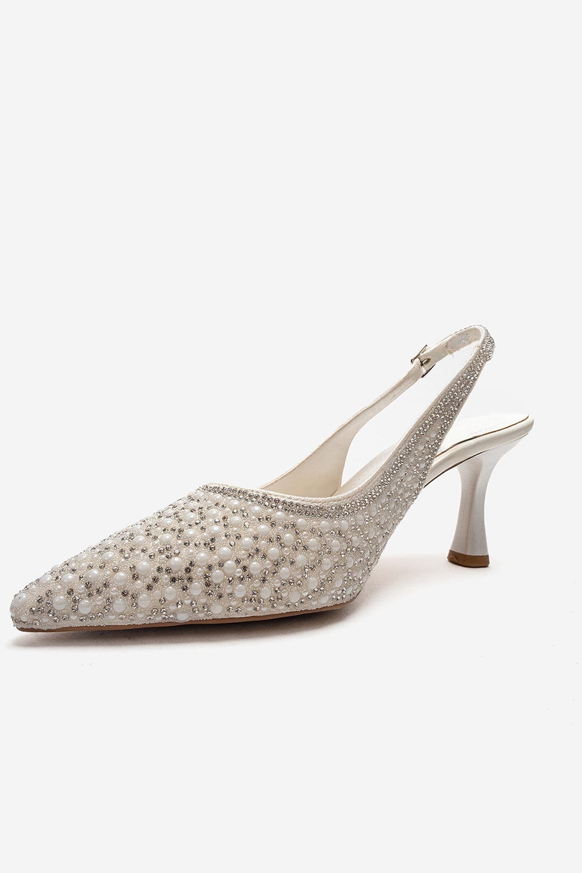 LINNEA - Off-White Stiletto Pump – top view showing pearl, crystal, leather, SimmiUnique