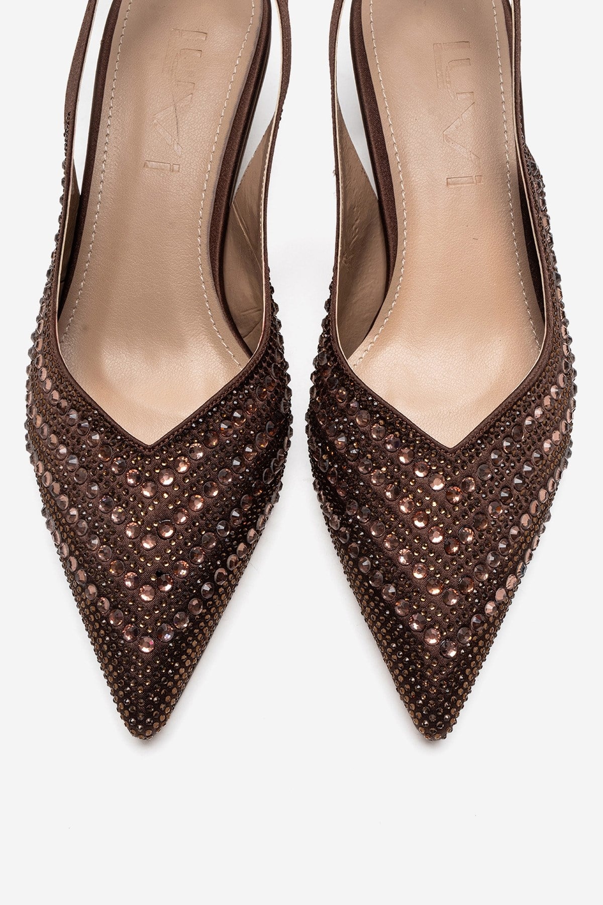 ROYALE - Brown Satin Stone-Embellished Kitten Heel Evening Shoe – side view showing satin, leather, SimmiUnique