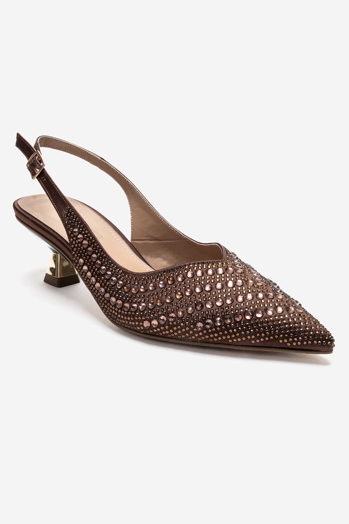 ROYALE - Brown Satin Stone-Embellished Kitten Heel Evening Shoe – detail view showing satin, leather, SimmiUnique