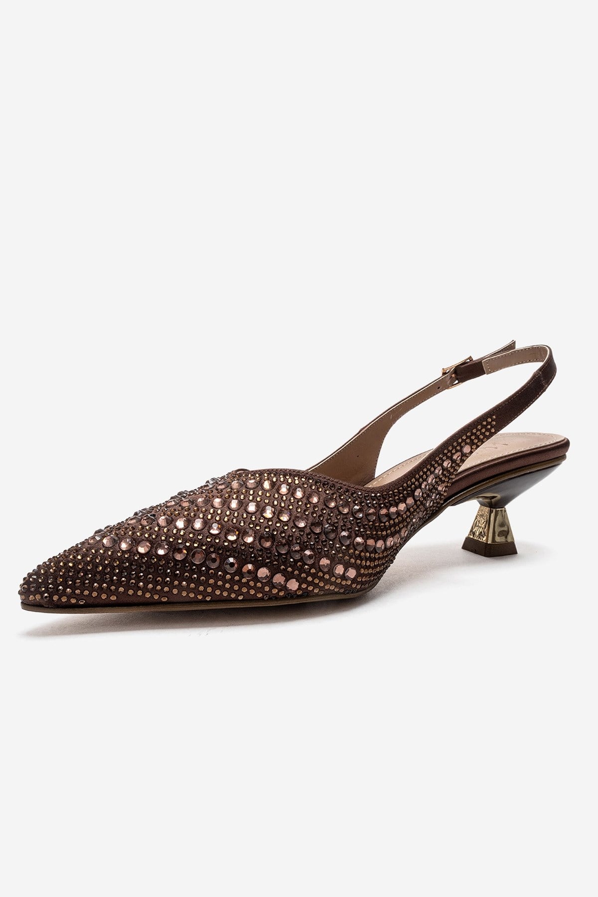 ROYALE - Brown Satin Stone-Embellished Kitten Heel Evening Shoe – top view showing satin, leather, SimmiUnique
