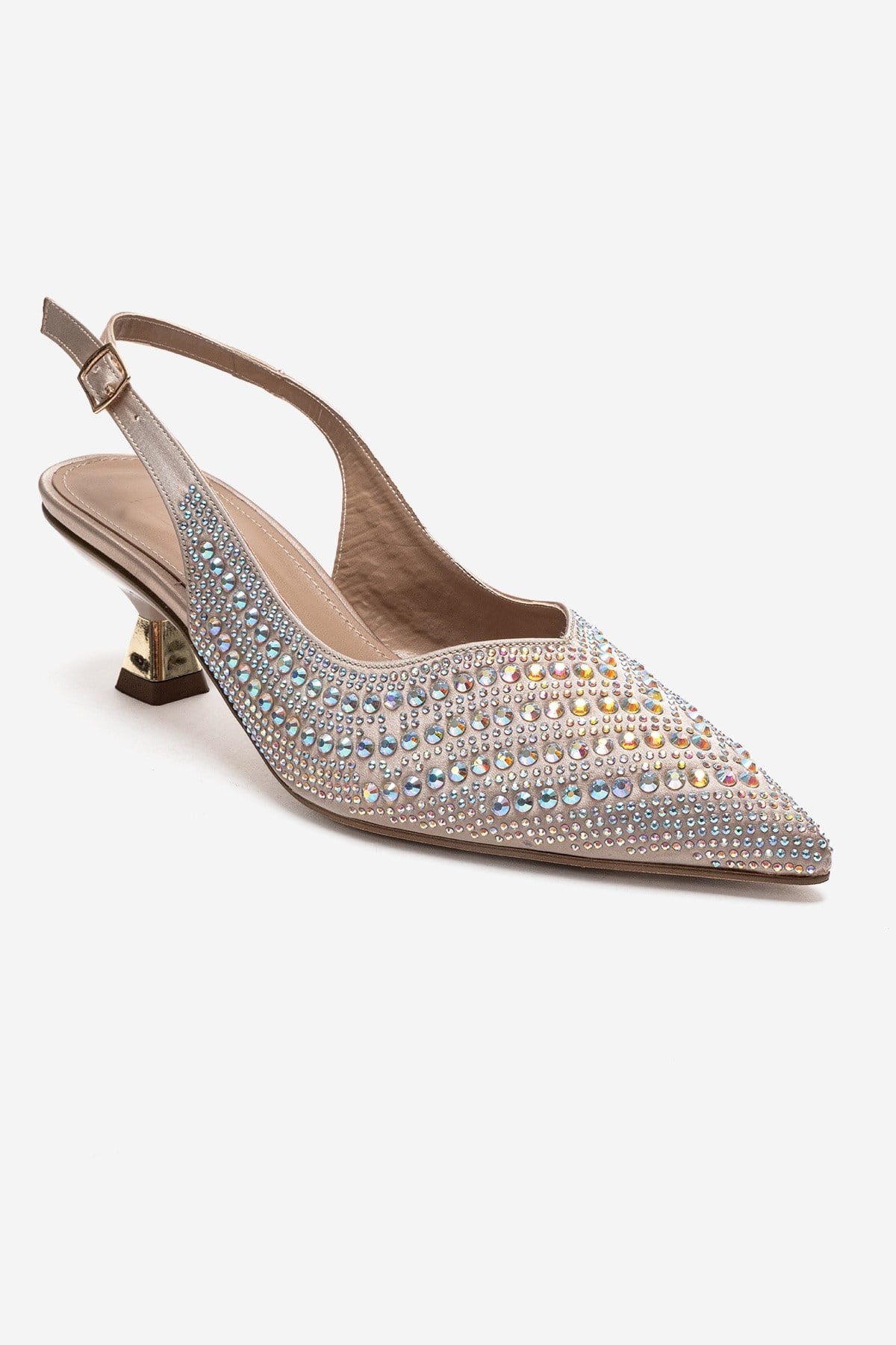ROYALE - Beige Satin Stone-Embellished Kitten Heel Evening Shoe – detail view showing satin, leather, SimmiUnique