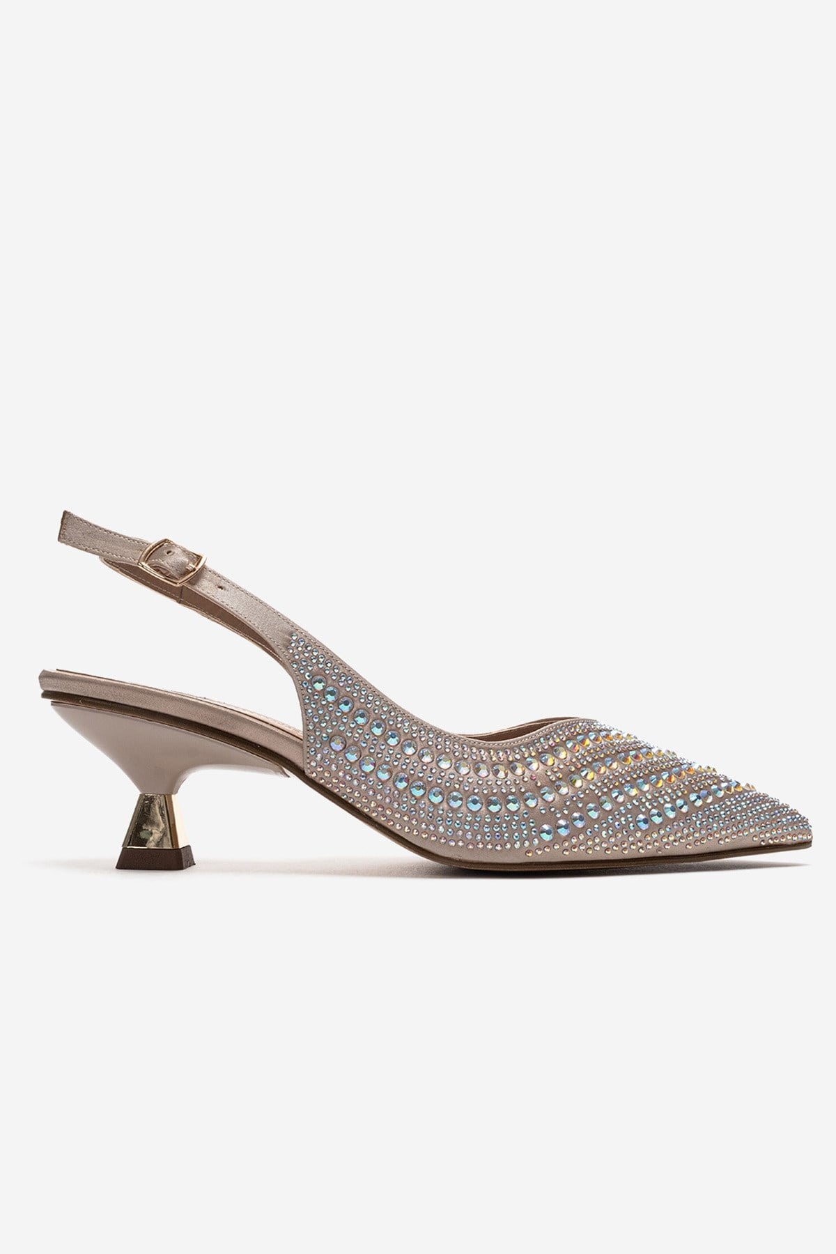 ROYALE - Beige Satin Stone-Embellished Kitten Heel Evening Shoe – heel view showing satin, leather, SimmiUnique