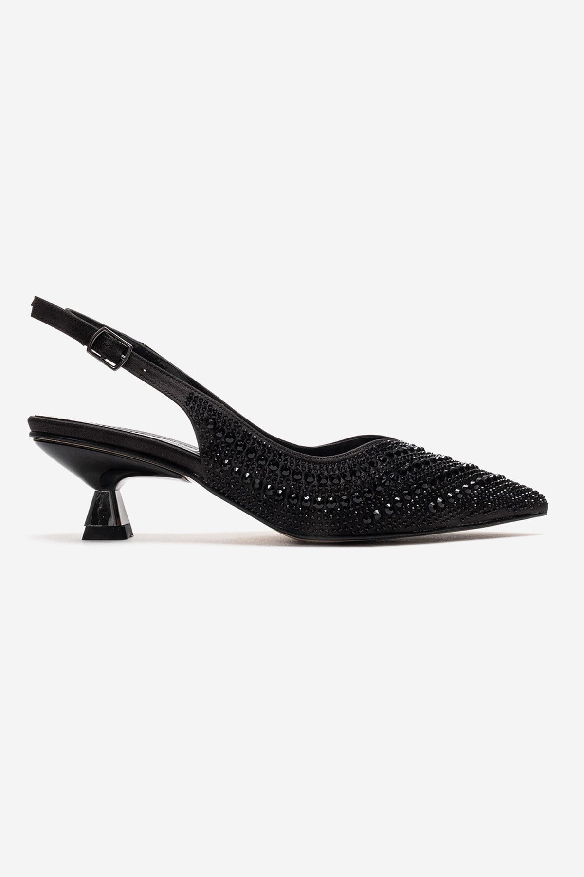 ROYALE - Black Satin Stone-Embellished Kitten Heel Evening Shoe – heel view showing satin, leather, black, SimmiUnique