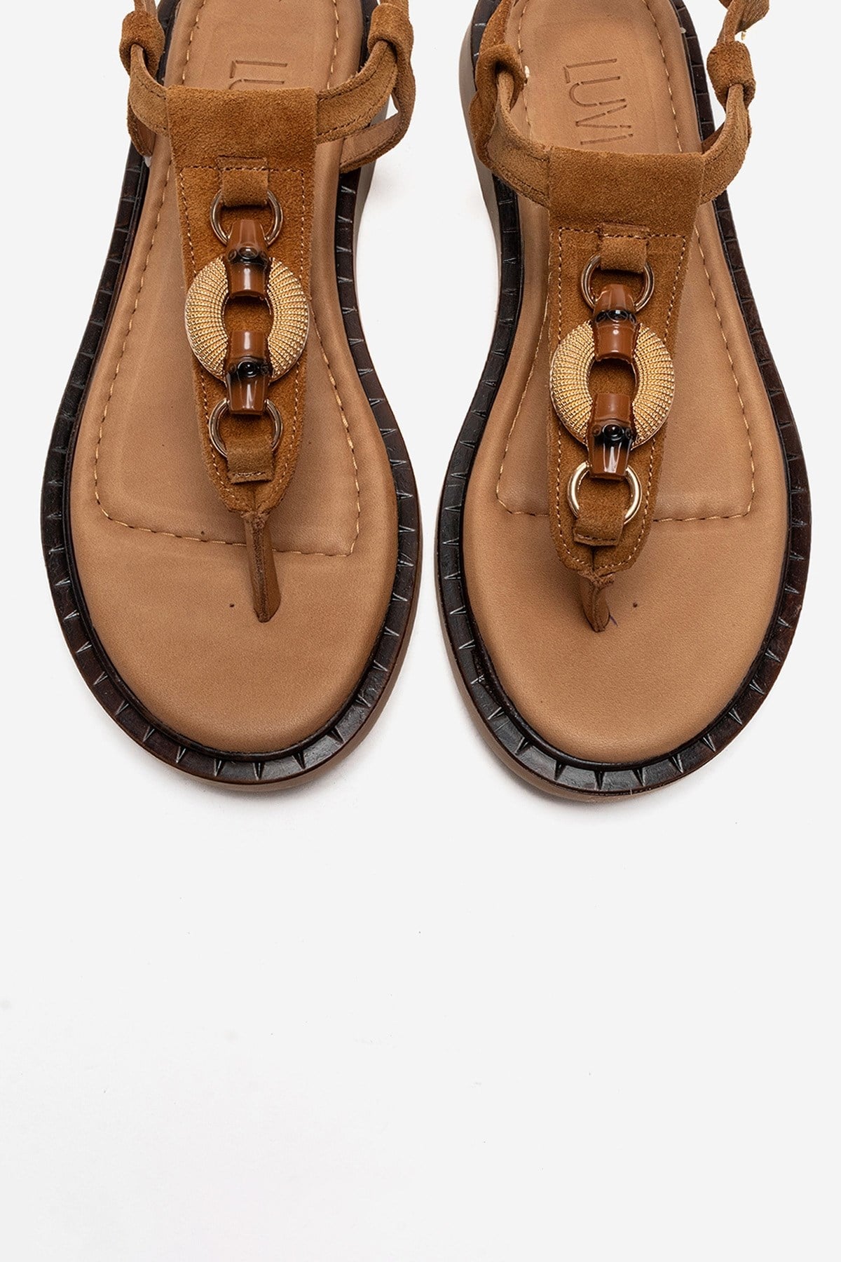 TIANA - Cognac Genuine Leather Buckled Toe-Post Sandal – side view showing leather, SimmiUnique