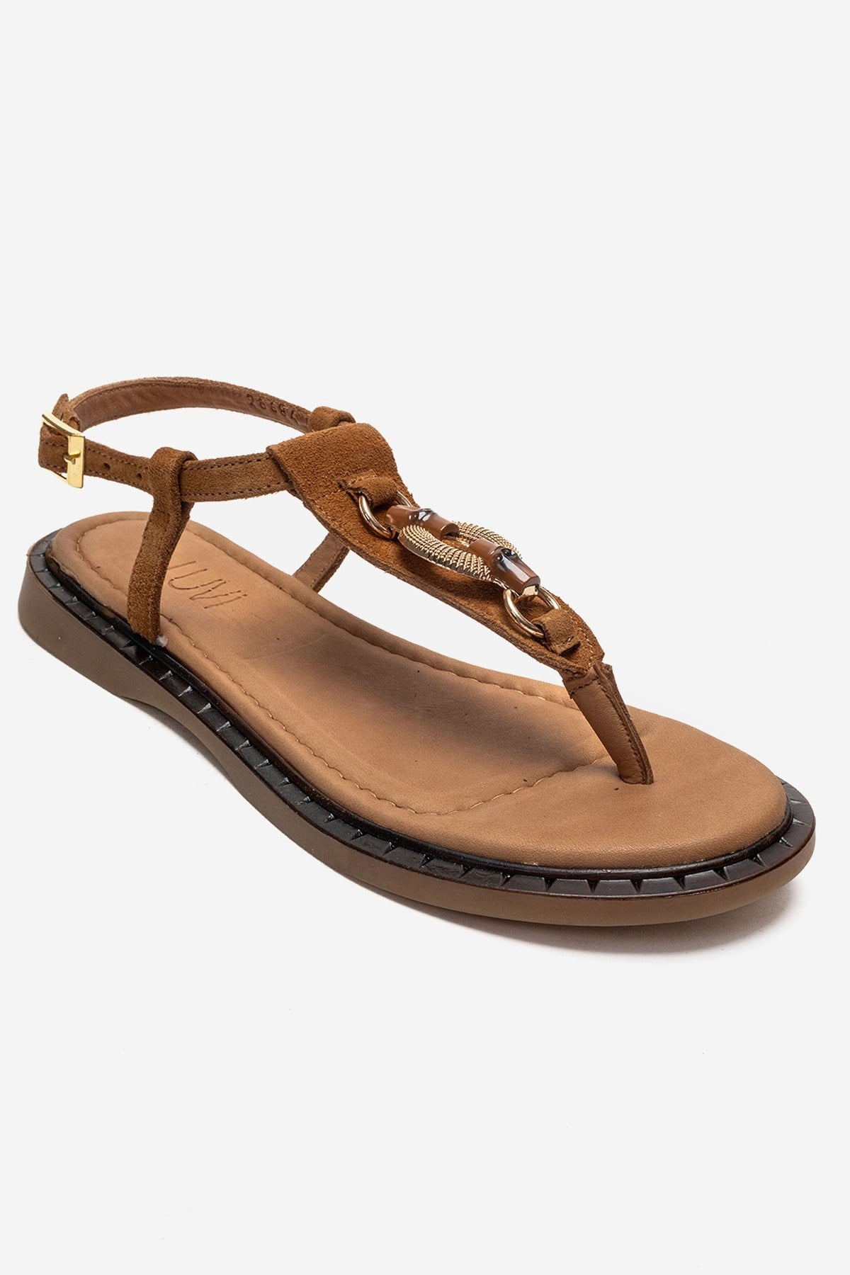 TIANA - Cognac Genuine Leather Buckled Toe-Post Sandal – detail view showing leather, SimmiUnique