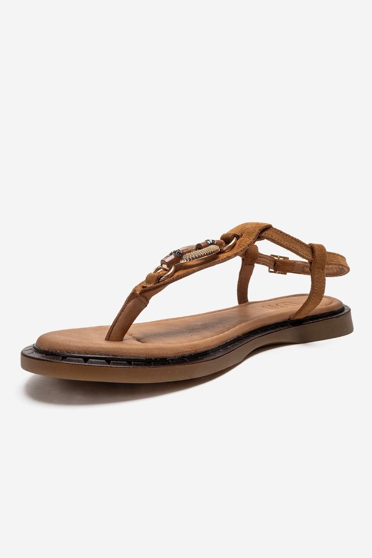 TIANA - Cognac Genuine Leather Buckled Toe-Post Sandal – top view showing leather, SimmiUnique
