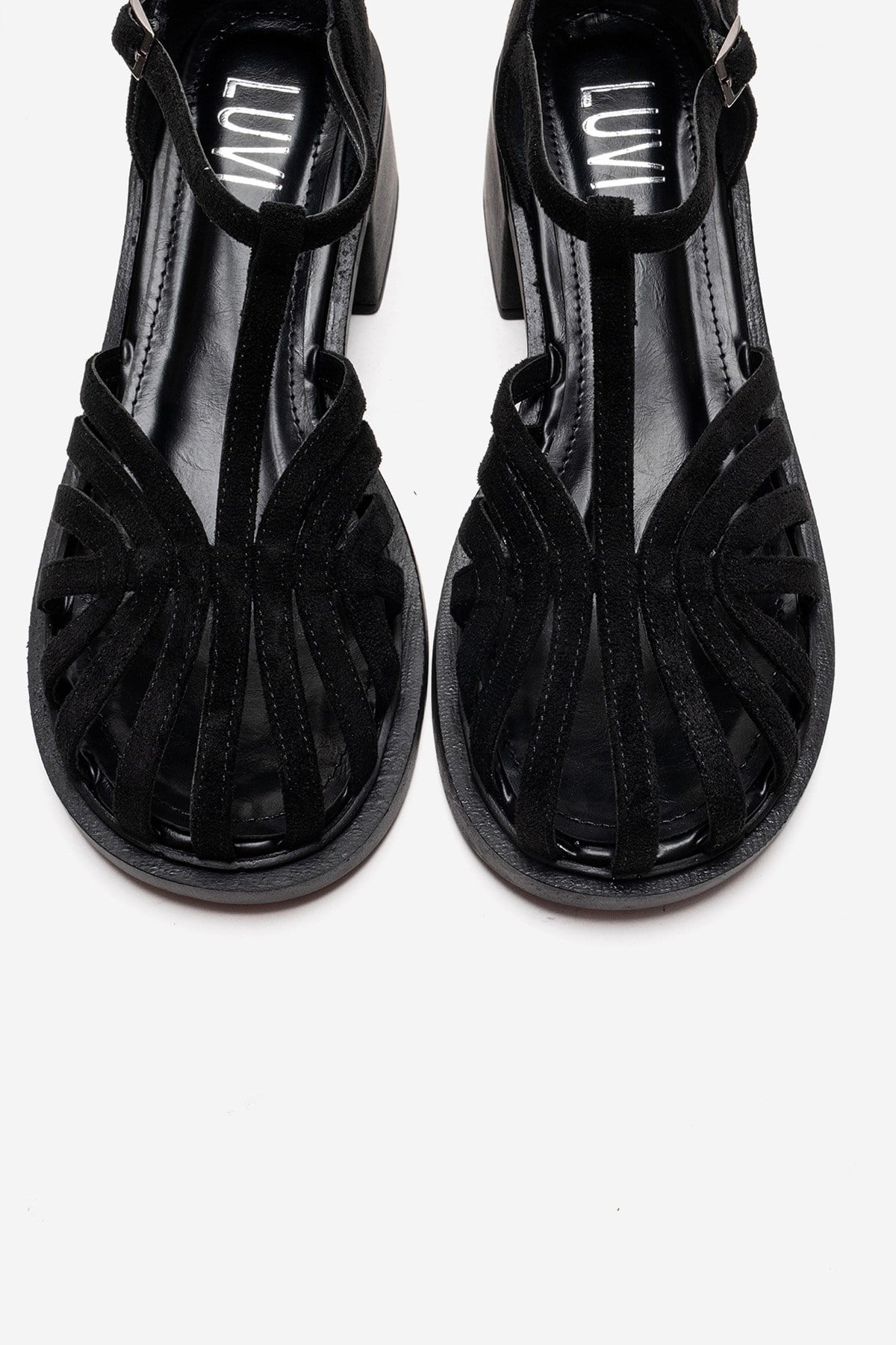 Nolana - Black Block Heel Sandal – side view showing leather, suede, black, SimmiUnique