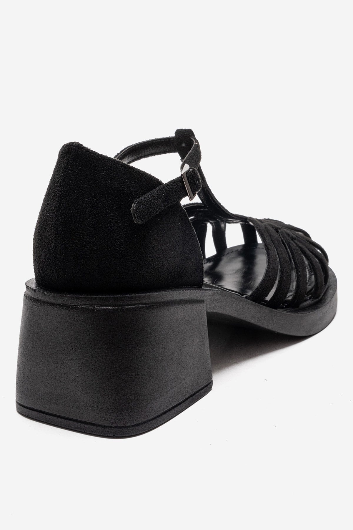 Nolana - Black Block Heel Sandal – back view showing leather, suede, black, SimmiUnique