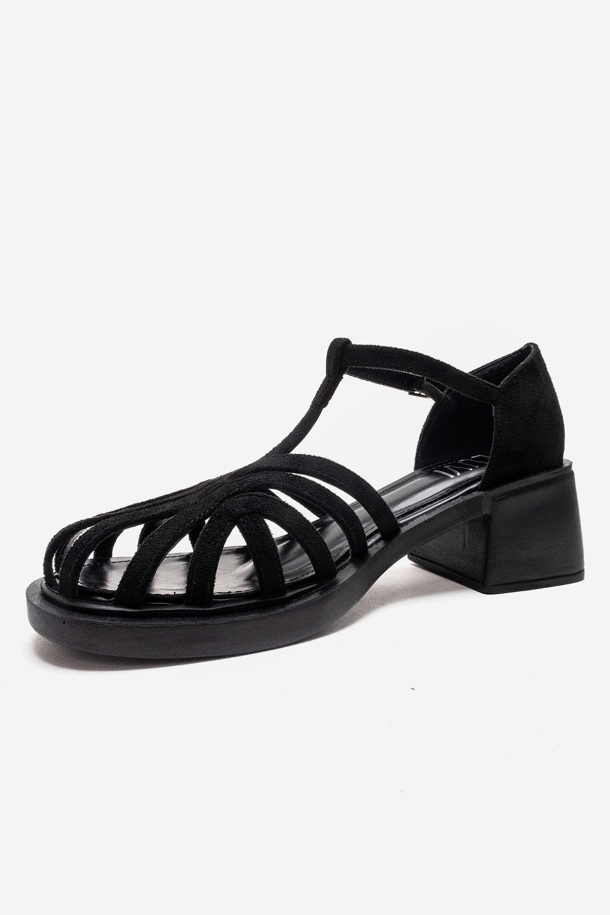 Nolana - Black Block Heel Sandal – top view showing leather, suede, black, SimmiUnique