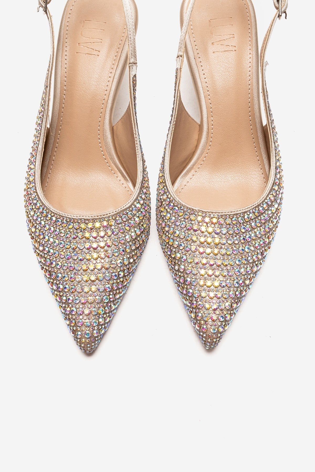 Yasmina - Nude Stone Embellished Stiletto Pump – side view showing leather, nude, SimmiUnique