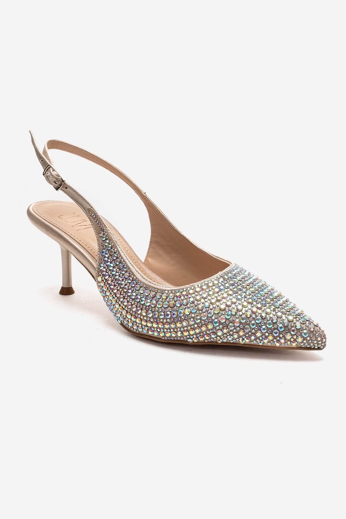 Yasmina - Nude Stone Embellished Stiletto Pump – detail view showing leather, nude, SimmiUnique