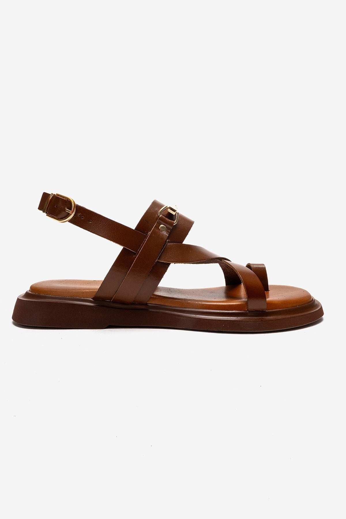 FABIANA - Camel Genuine Leather Toe-Post Sandal – heel view showing leather, gold, SimmiUnique
