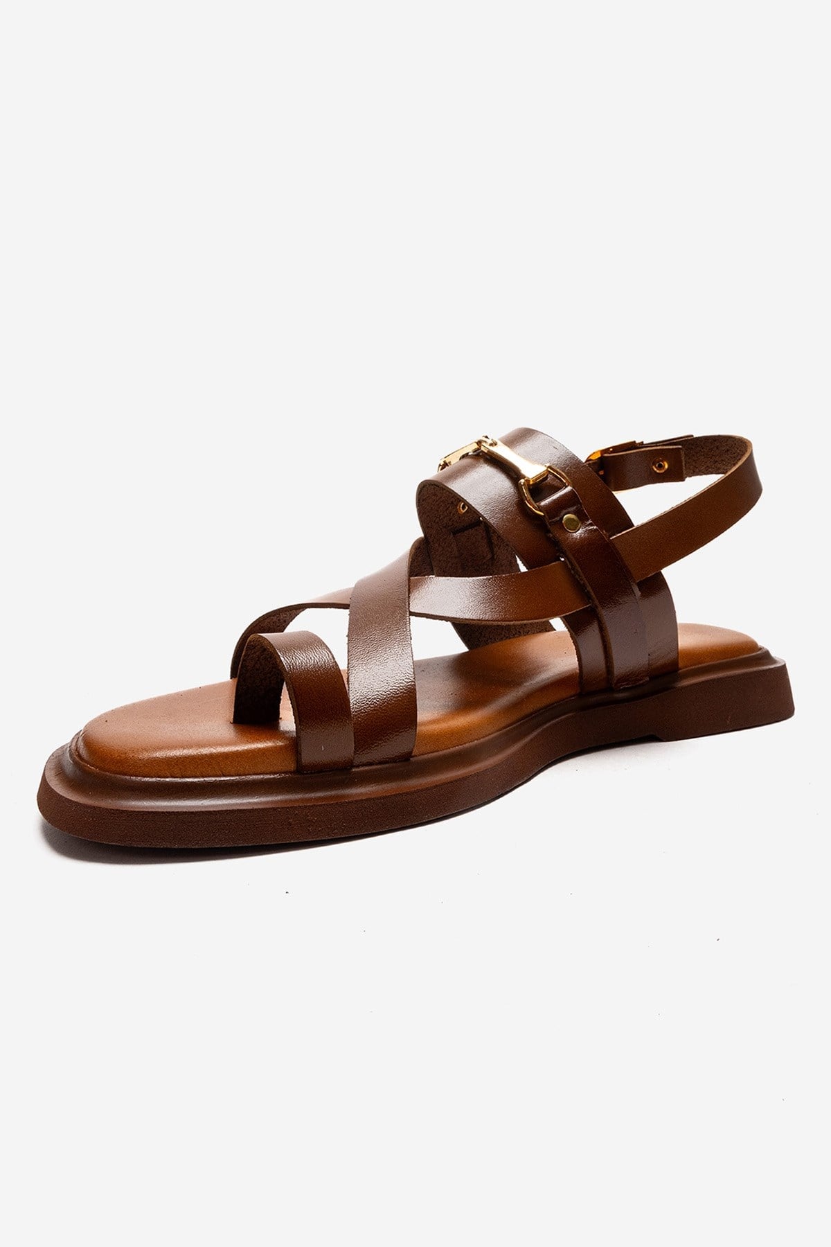 FABIANA - Camel Genuine Leather Toe-Post Sandal – top view showing leather, gold, SimmiUnique