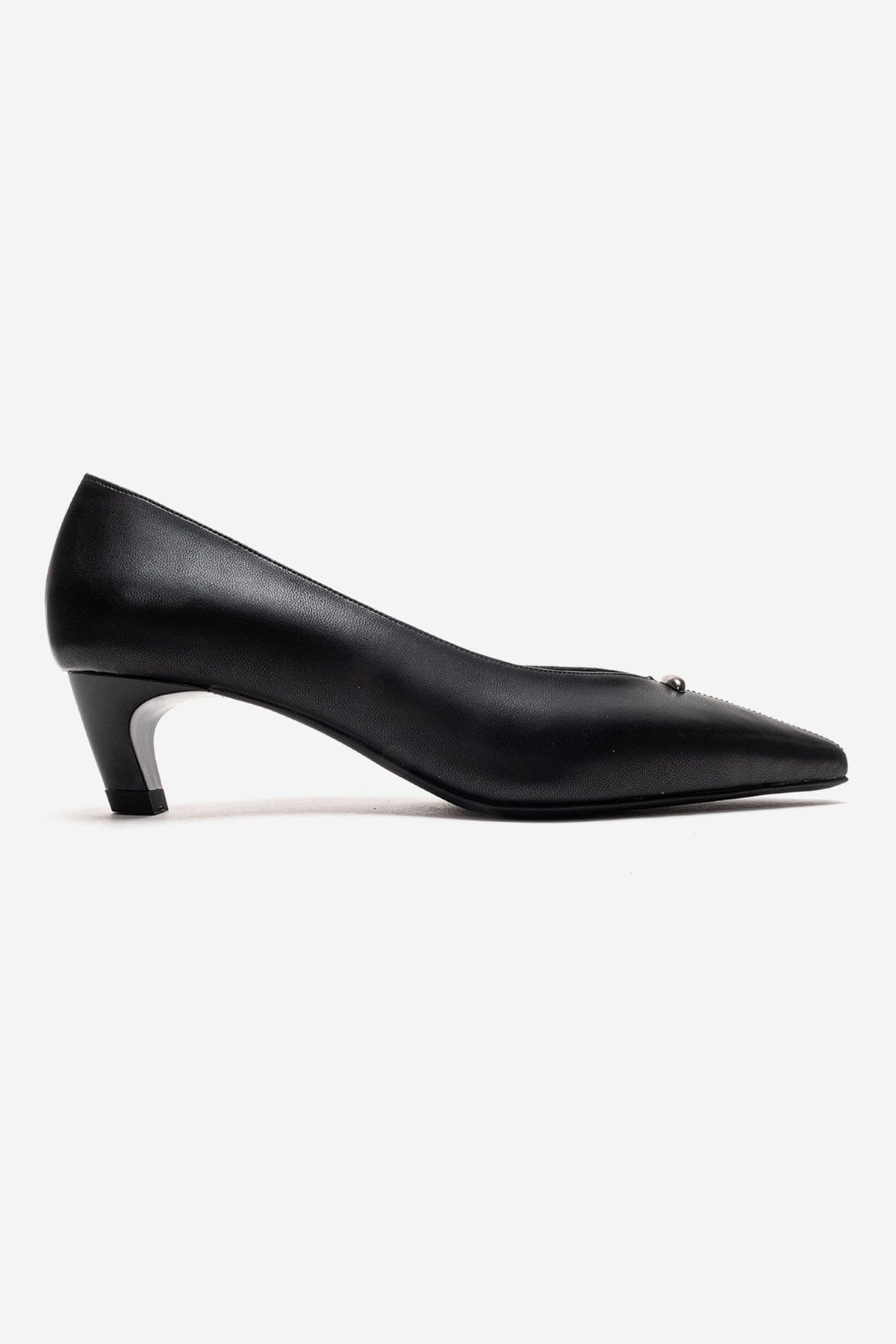 VERSAY - Black Pointed Toe Kitten Heel Pump – heel view showing leather, black, SimmiUnique