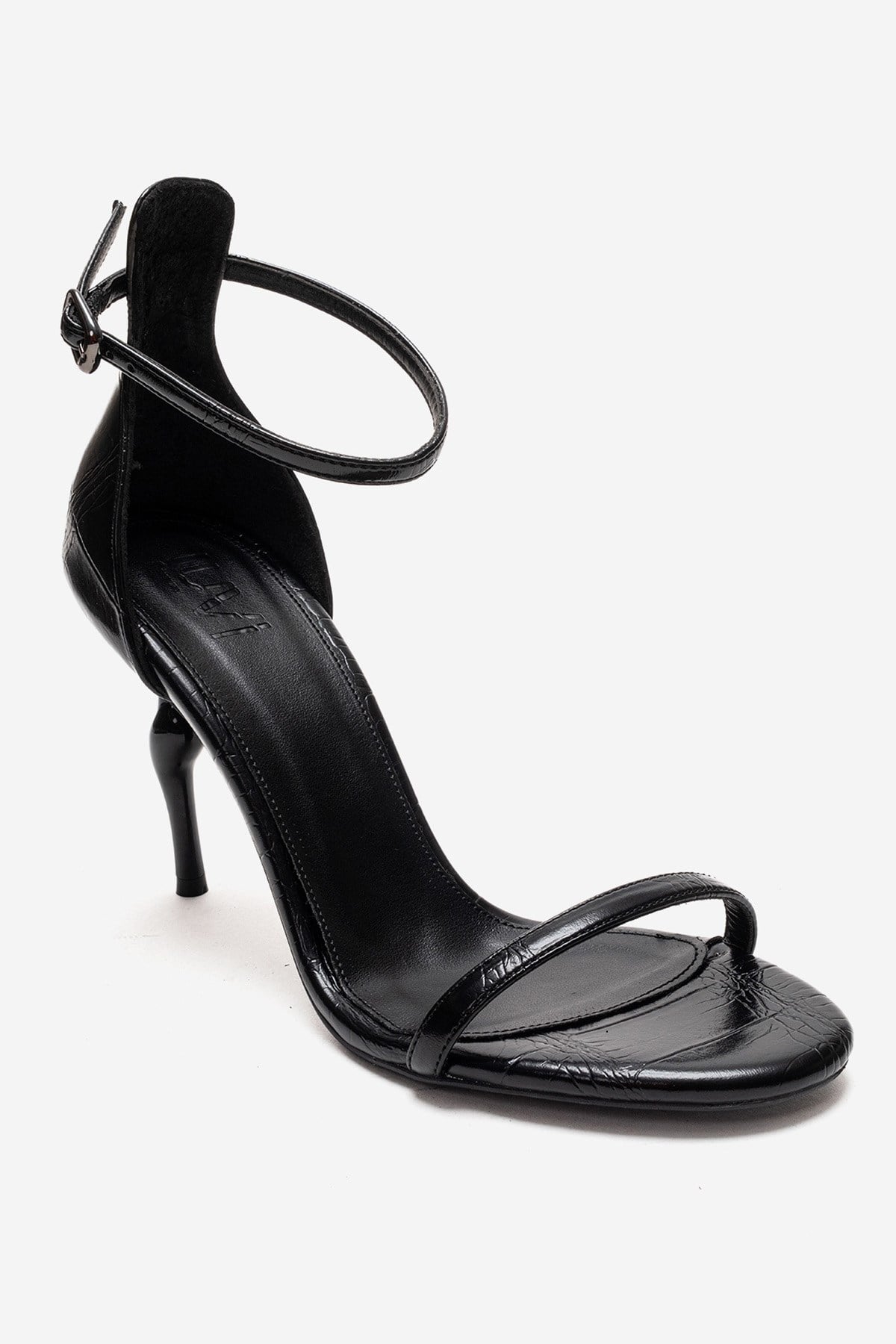 Yelena - Black Patent Thin Strap Stiletto Pump – detail view showing leather, black, SimmiUnique