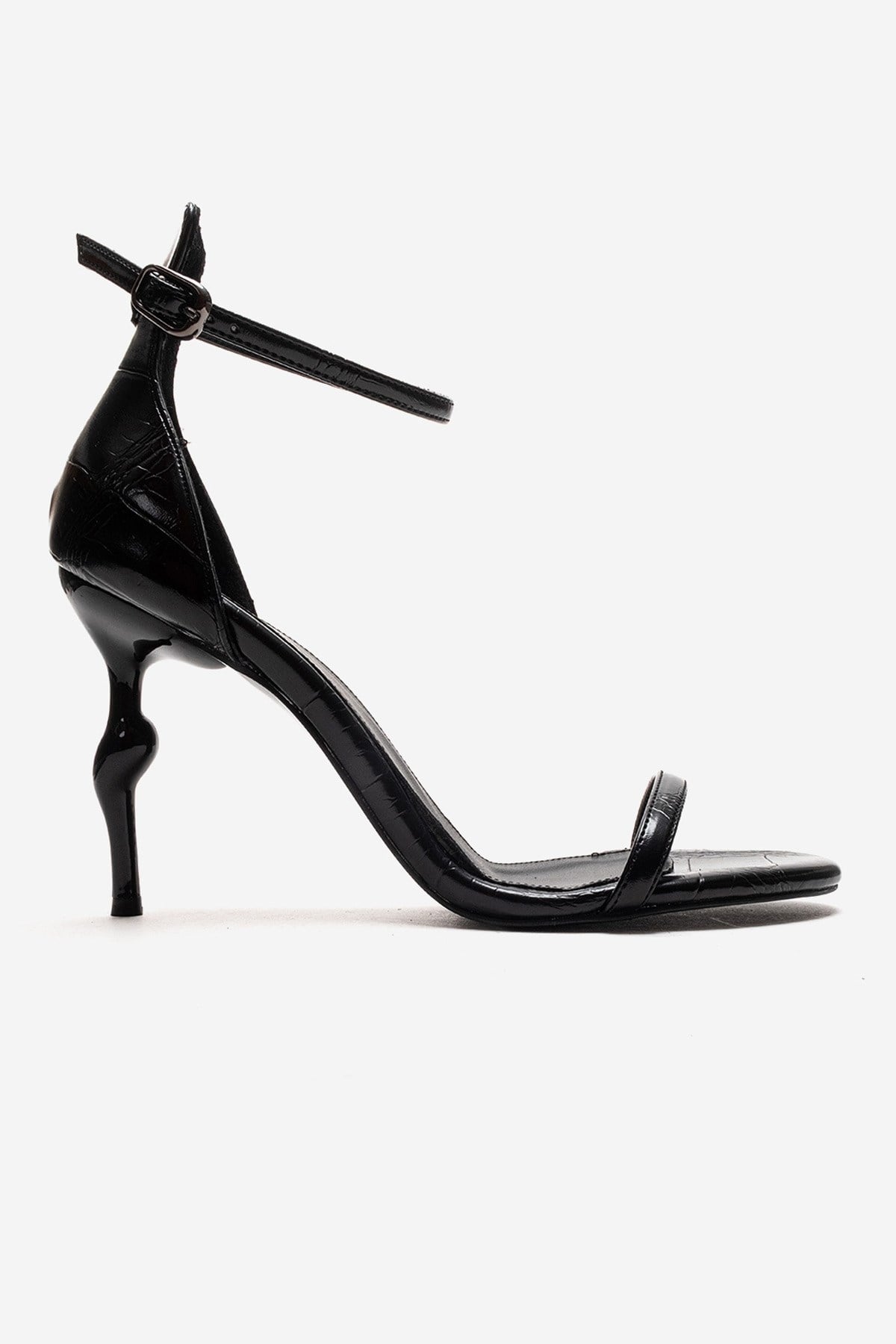 Yelena - Black Patent Thin Strap Stiletto Pump – heel view showing leather, black, SimmiUnique