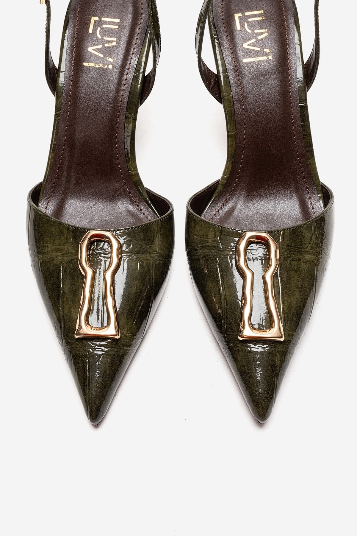 Yvella - Green Patent Buckle Pointed Toe Stiletto Pump – side view showing leather, green, SimmiUnique