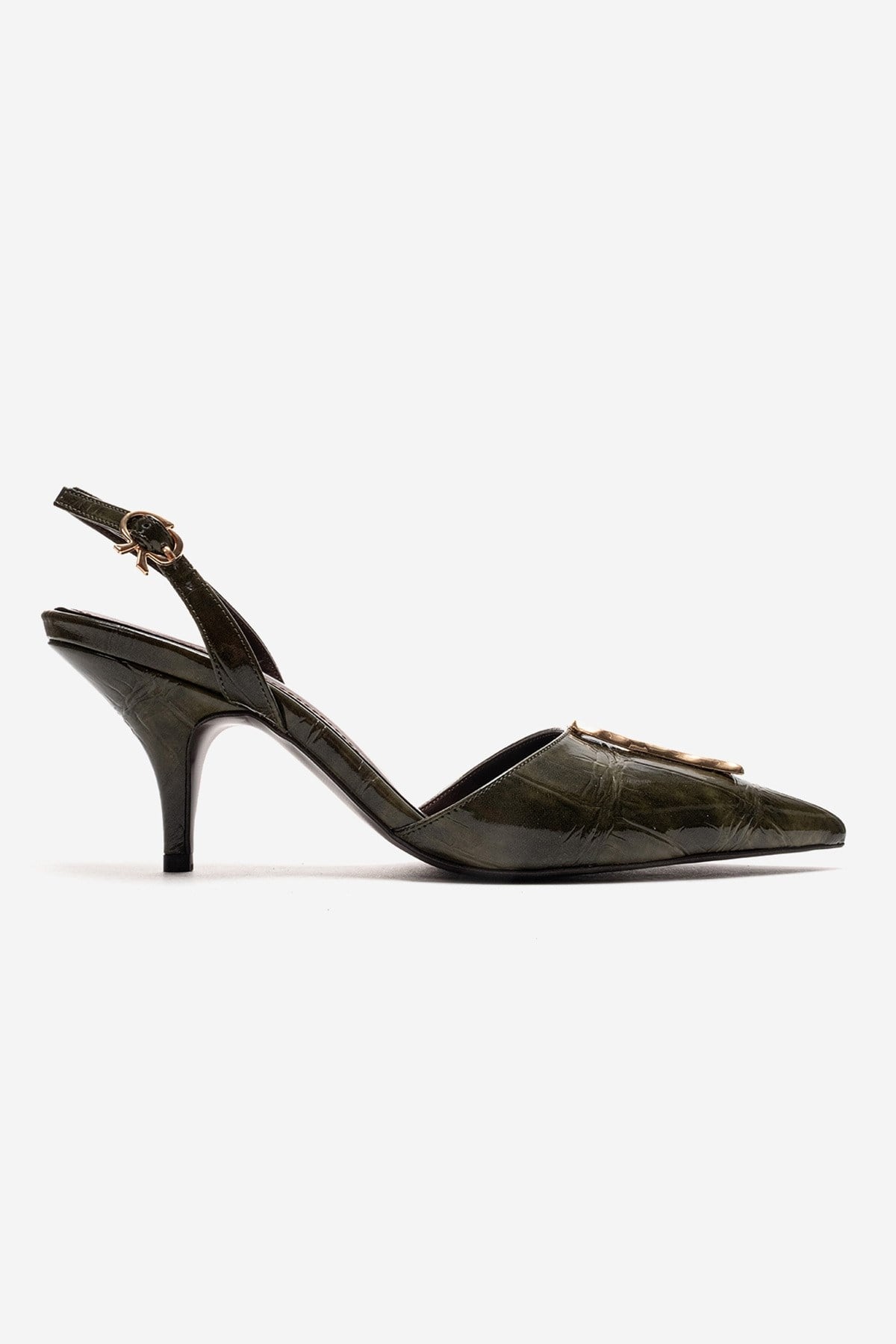 Yvella - Green Patent Buckle Pointed Toe Stiletto Pump – heel view showing leather, green, SimmiUnique