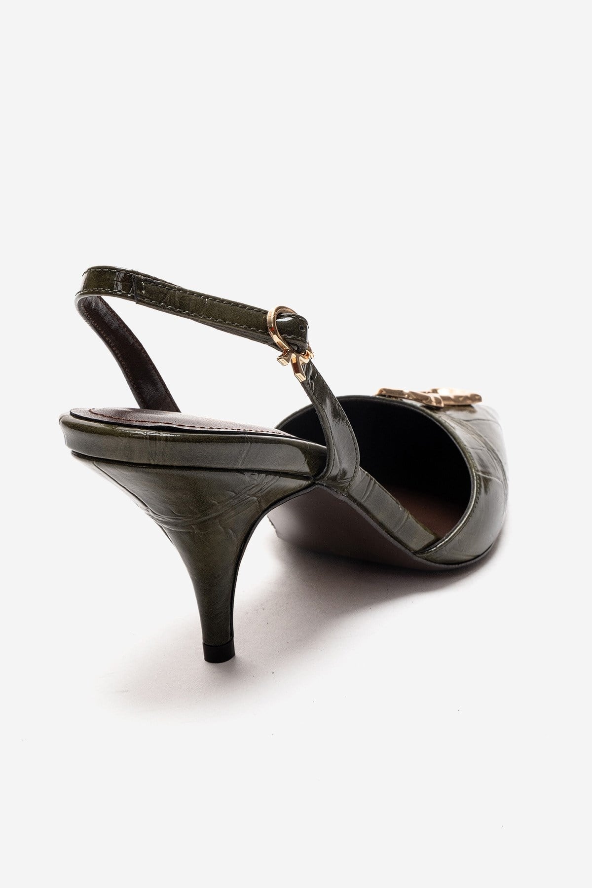 Yvella - Green Patent Buckle Pointed Toe Stiletto Pump – back view showing leather, green, SimmiUnique