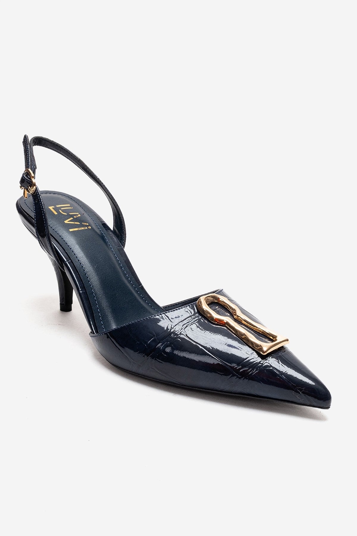 Yvella - Navy Patent Buckle Pointed Toe Stiletto Pump – detail view showing leather, SimmiUnique
