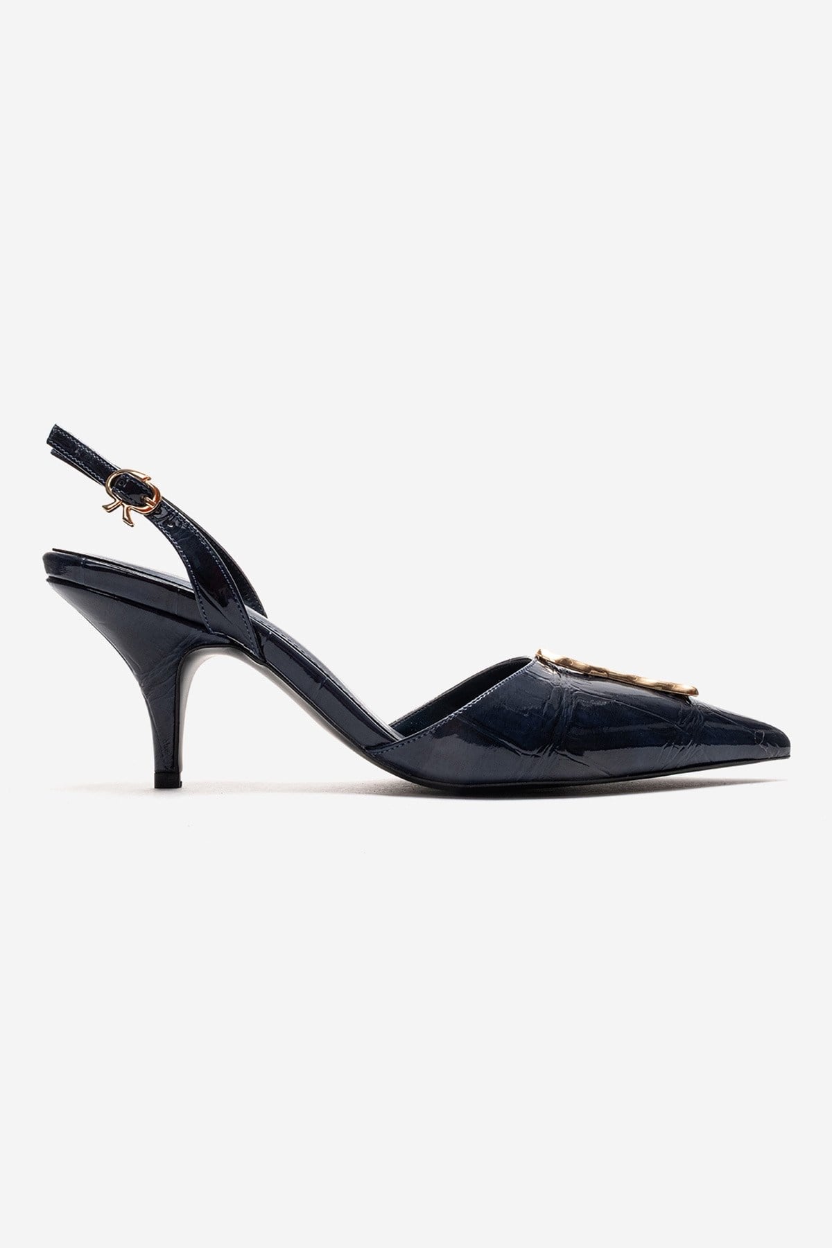 Yvella - Navy Patent Buckle Pointed Toe Stiletto Pump – heel view showing leather, SimmiUnique